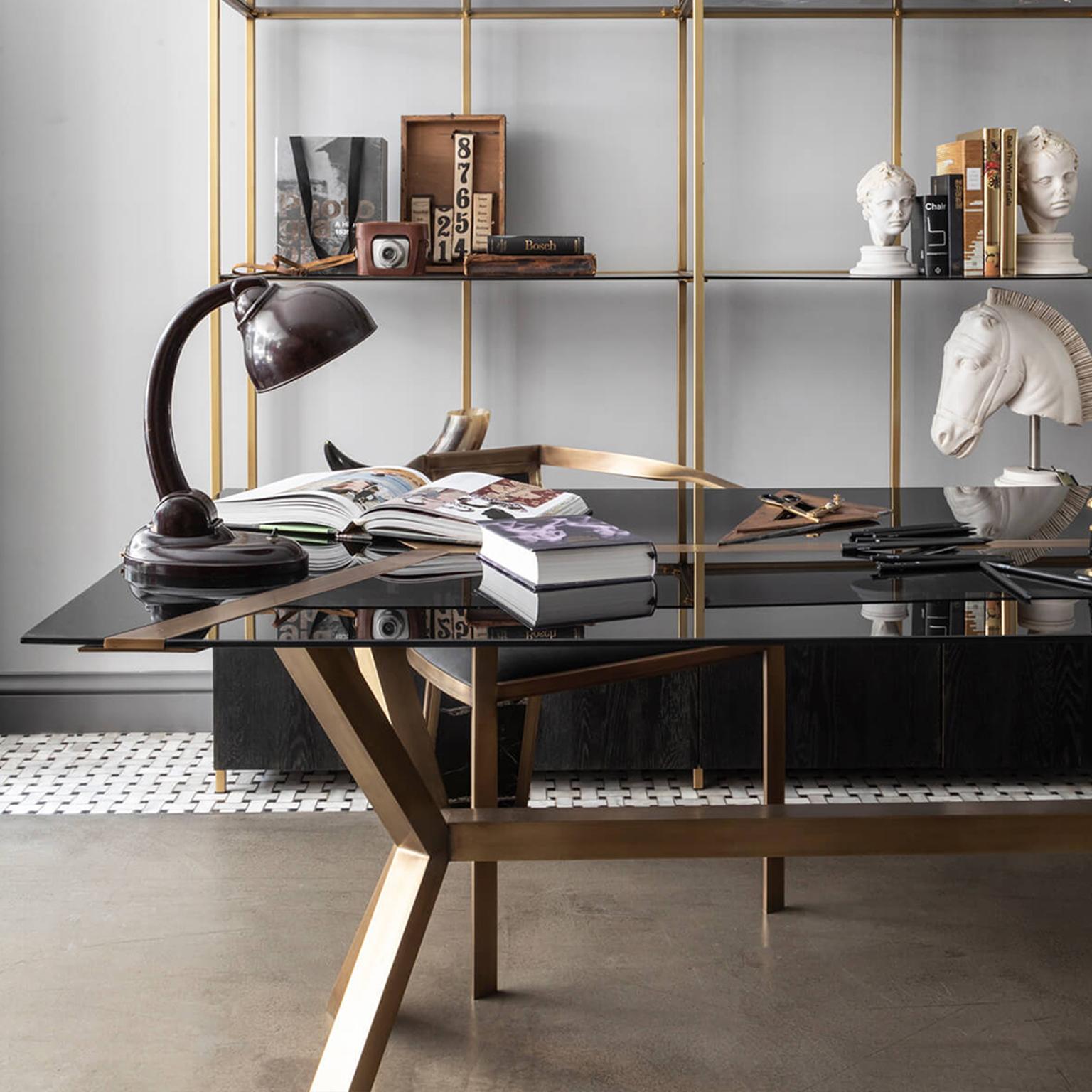 Hand-Crafted Hidden Black Glass and Brass Dining Table For Sale