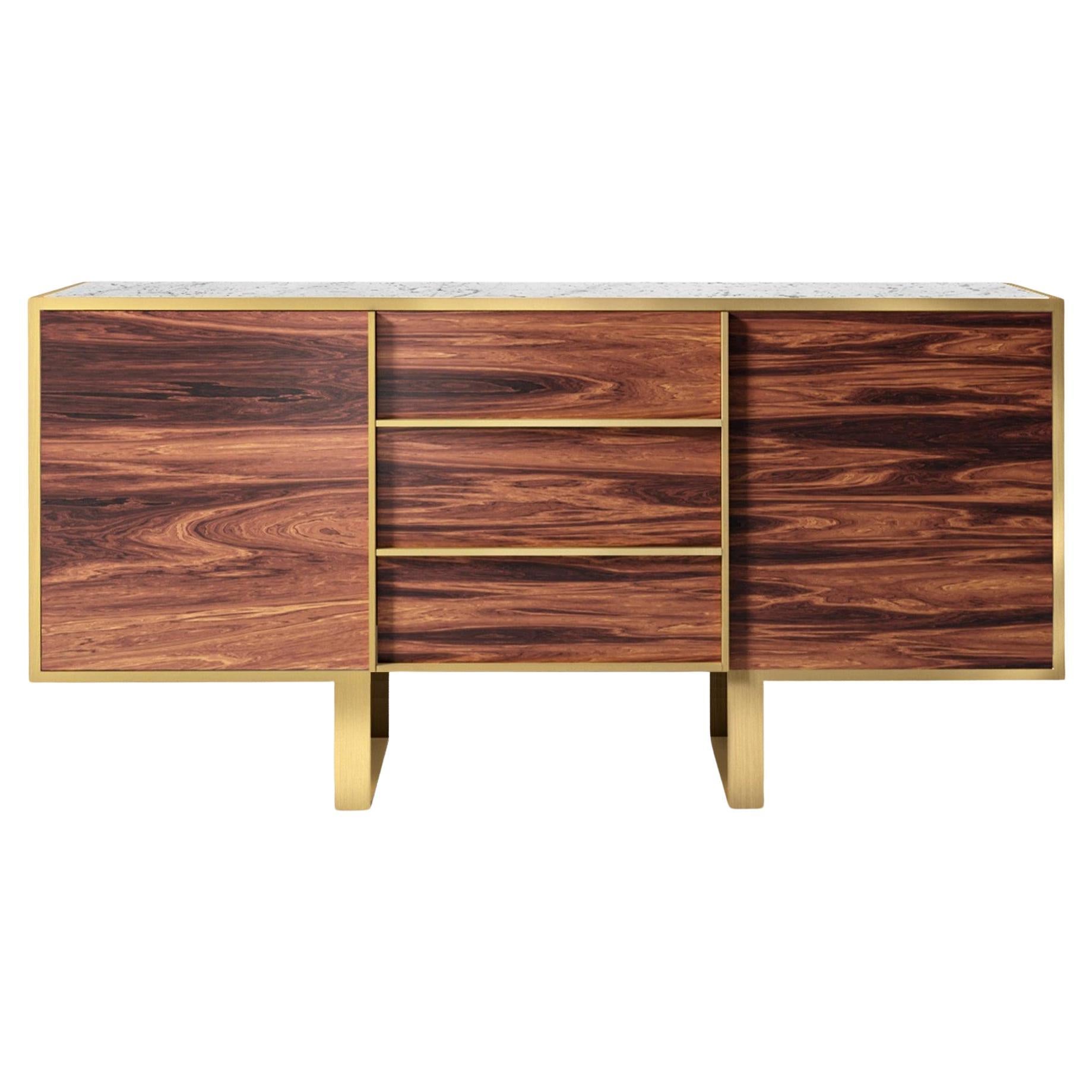 Hidden Console, Chestnut Veneer Body, Brass Coated Metal Details and Leg