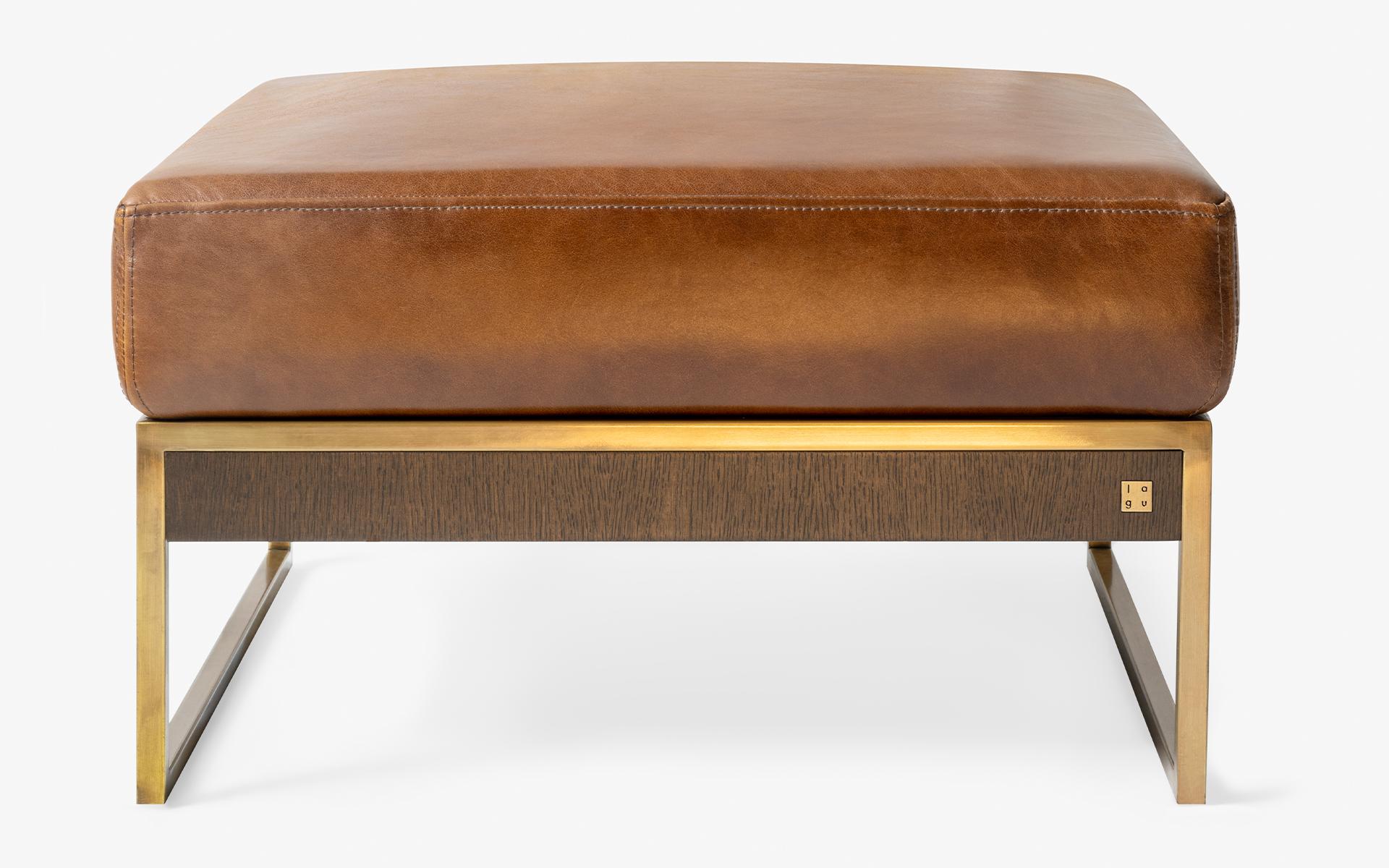 Hidden Leather Brass & Wood Pouffe / Ottoman For Sale 2