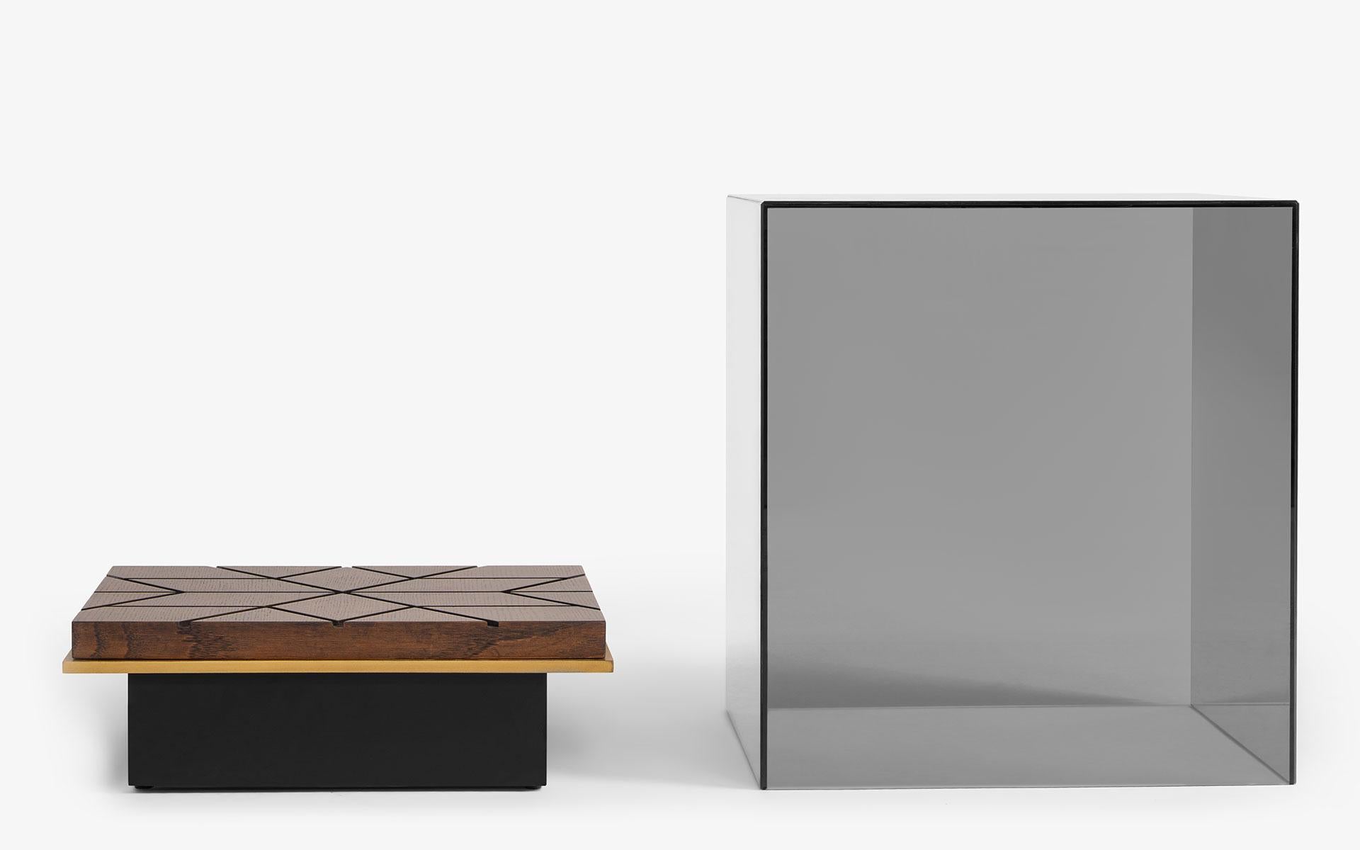La table d'appoint Hidden combine le verre et le bois dans une forme raffinée et minimaliste, créant ainsi un point focal à la fois fonctionnel et esthétique dans n'importe quel espace. Son boîtier en verre fumé confère une ambiance captivante à