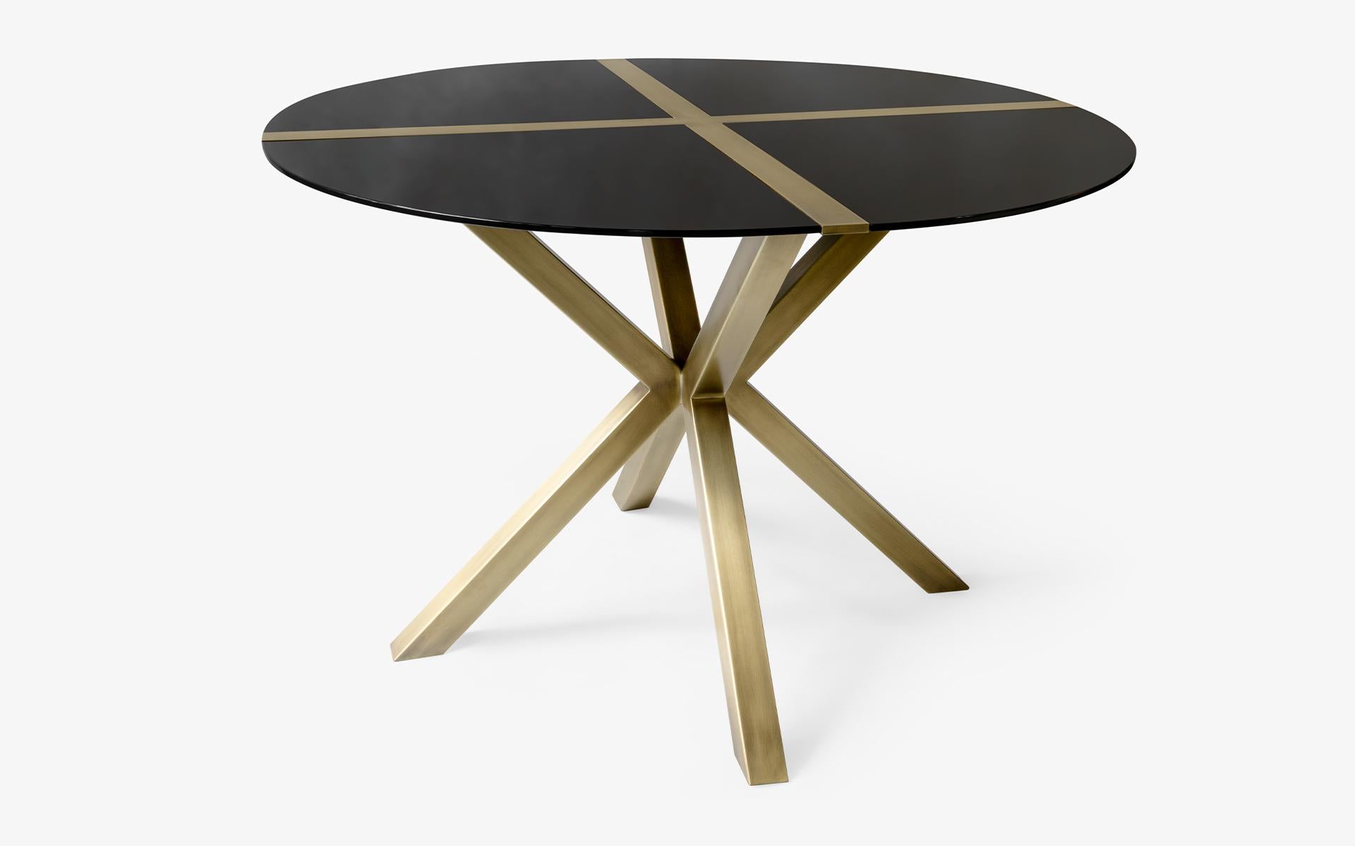 Contemporary Hidden Round Black Glass and Brass Dining Table For Sale