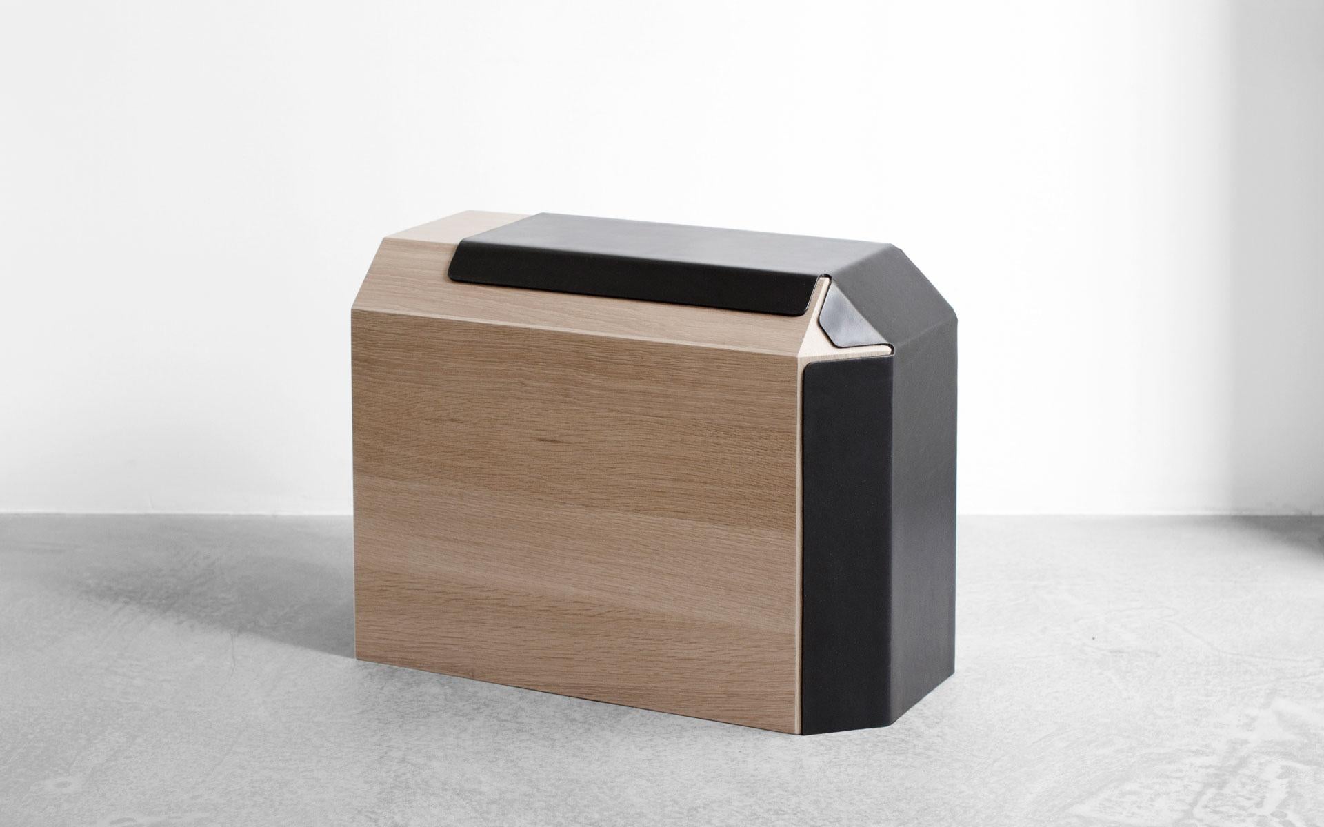 hiddenSkin is a stool and a side table in natural oak (mat finish) with black leather . 
This piece has three other variations : whitened Douglas pine (sanded finish), natural oak (mat finish) and black tinted oak (satin finished) with black