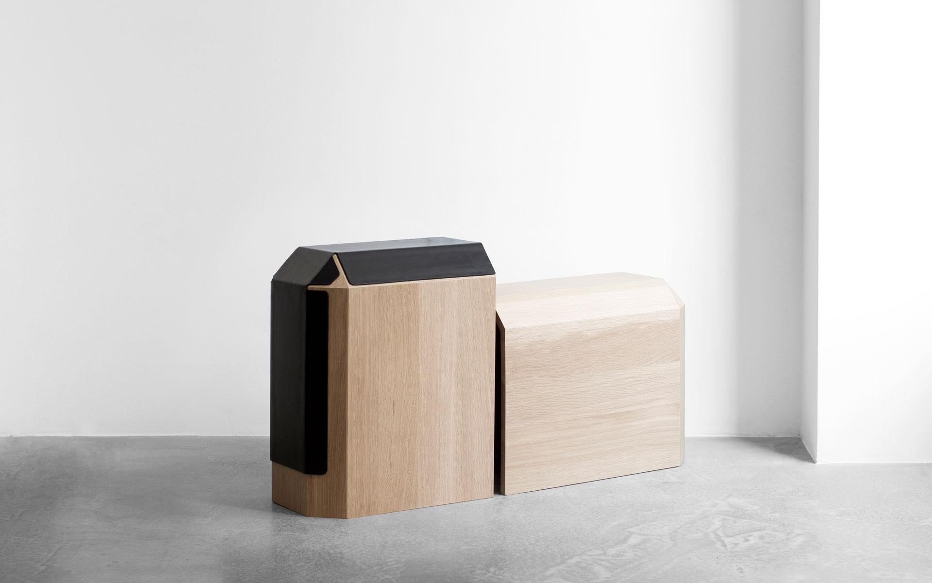 Hand-Crafted hiddenSkin, Stool/Side Table in Oak Wood and Black Leather, YMER&MALTA, France For Sale