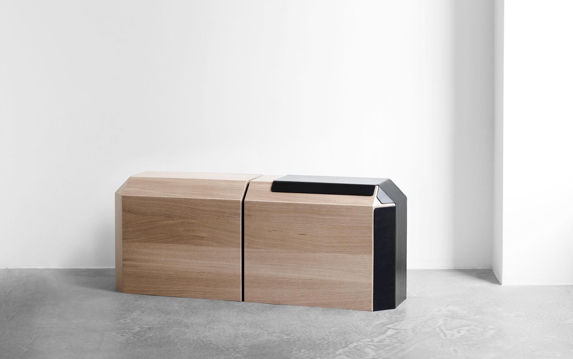 Contemporary hiddenSkin, Stool/Side Table in Oak Wood and Black Leather, YMER&MALTA, France For Sale