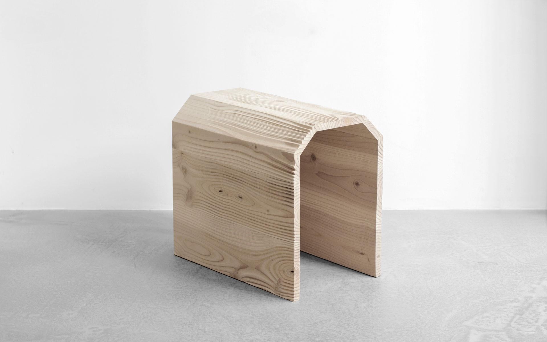 hiddenSkin is a stool and a side table in whitened Douglas pine (sanded finish) . 
This piece has three other variations : natural oak (mat finish) with black leather, natural oak (mat finish) and black tinted oak (satin finished) with black