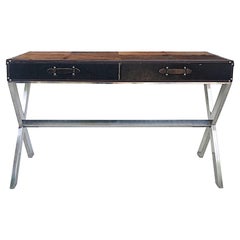 Hide-Covered Chrome X-Frame Writing Desk Console with Drawers