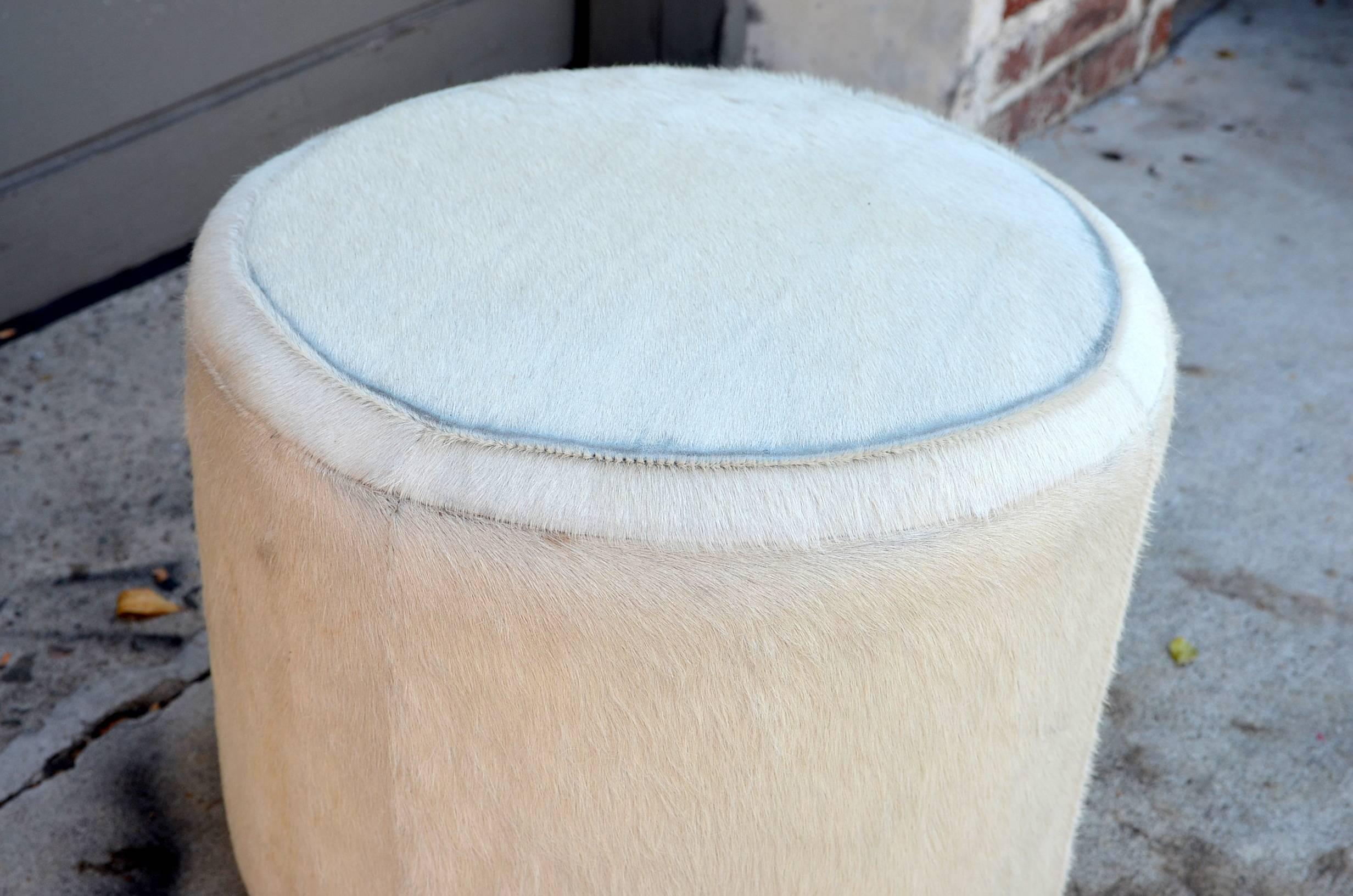 Modern Hide Covered Cylinder Ottoman Stool For Sale