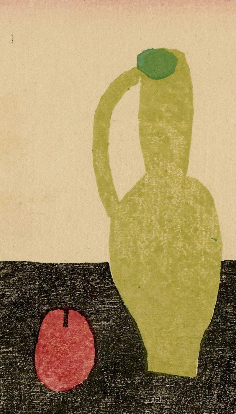 Seibutsu (Naturaleza muerta)  Un jarrón y manzanas - Print de Hide Kawanishi