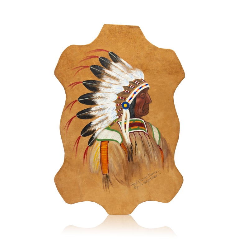 Hide Painting of Chief Red Cloud by Louis Shipshee In Excellent Condition For Sale In Coeur d'Alene, ID