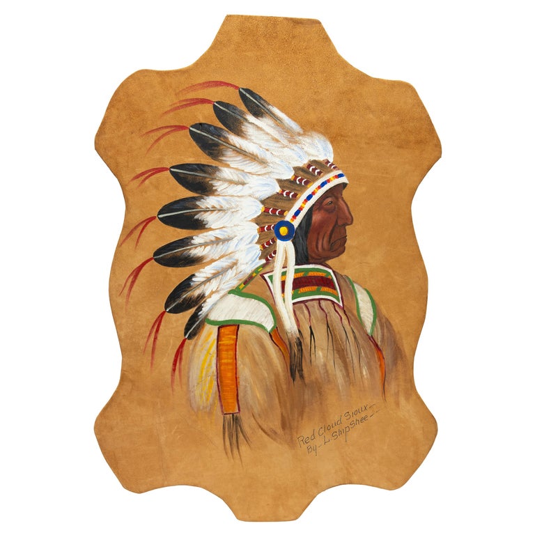 Hide Painting of Chief Red Cloud by Louis Shipshee For Sale