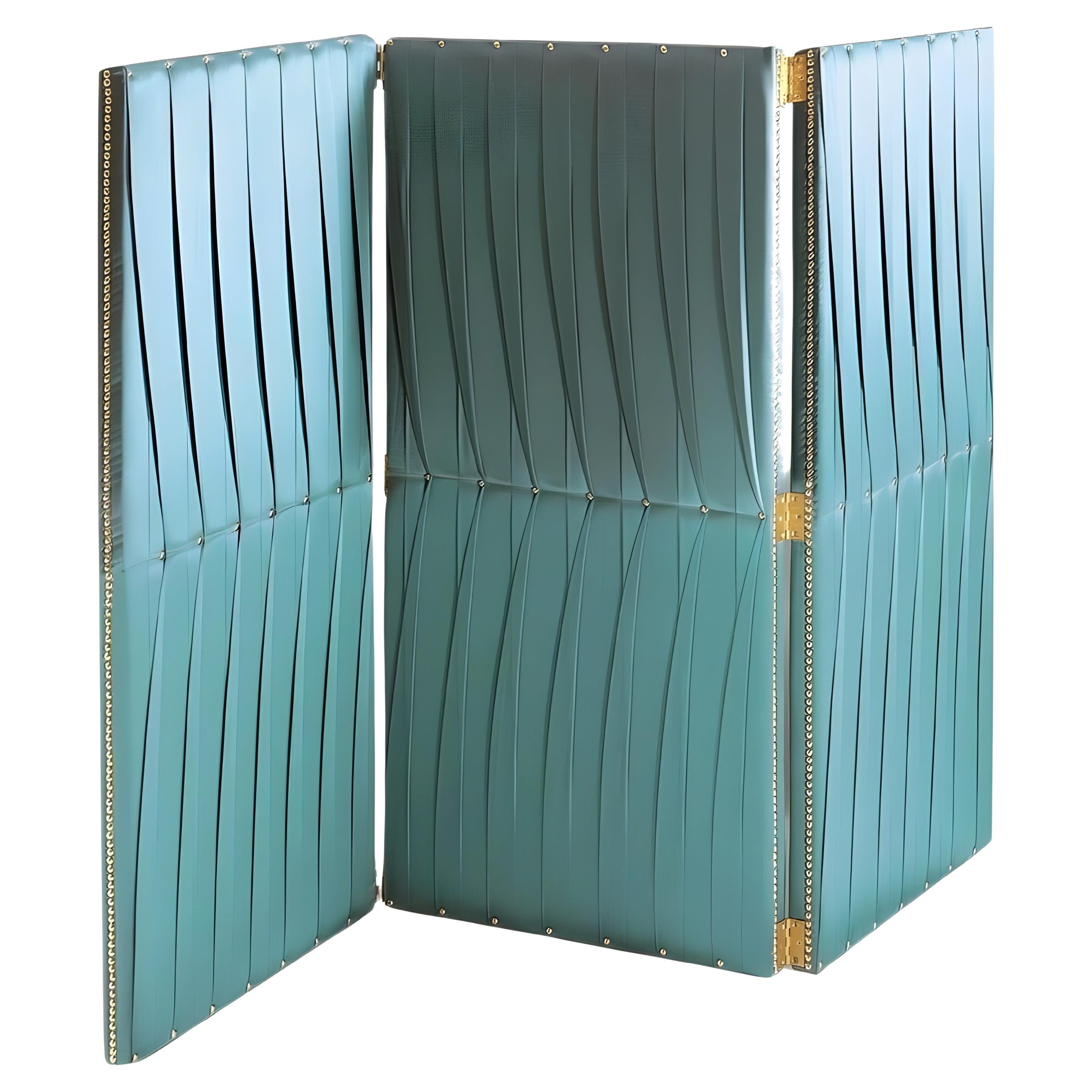 Hide & Seek Folding Screen In Hand Applied Pleated Wild Silk with Brass Studs For Sale