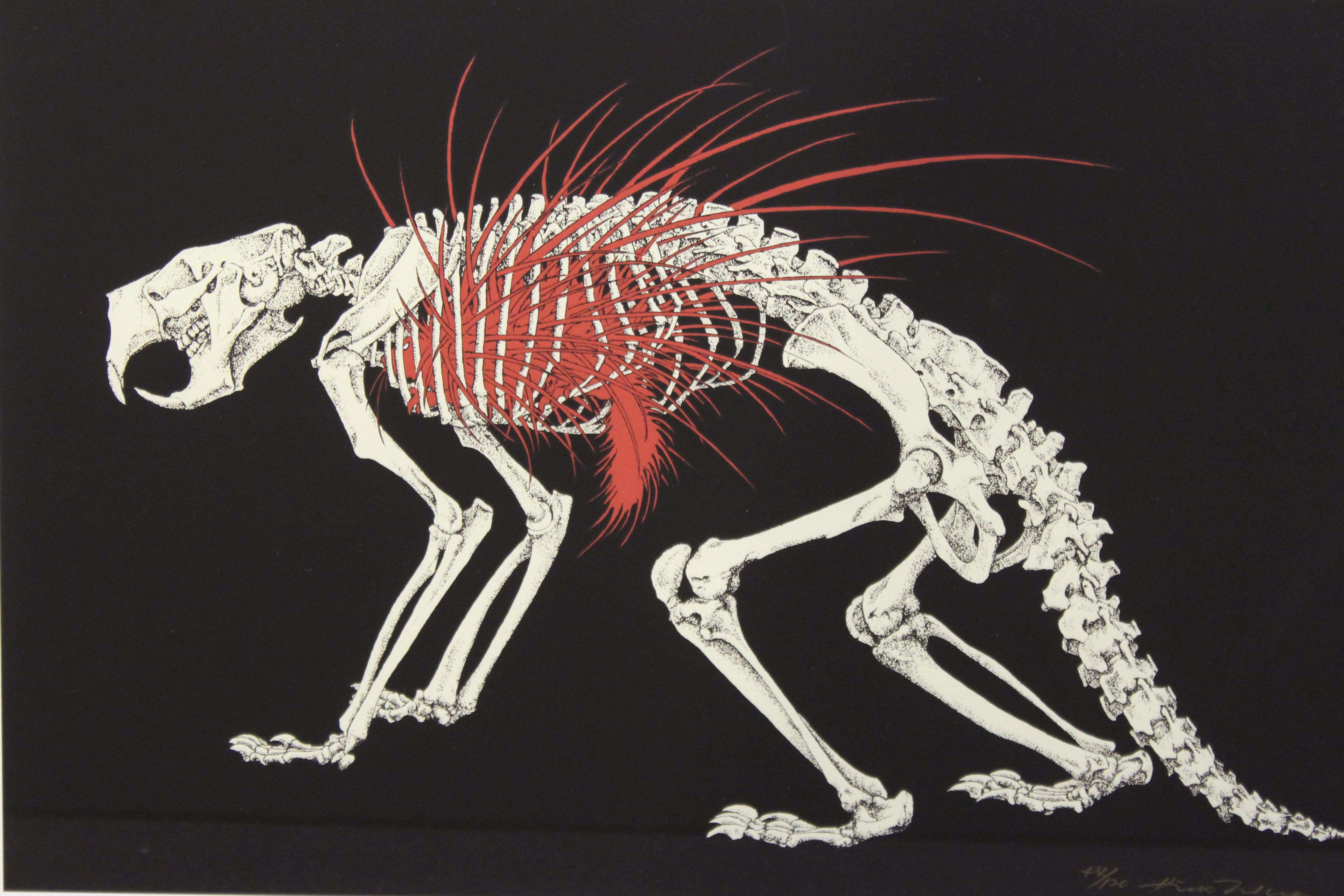 Japanese silkscreen print by Hideo Takeda depicting a red porcupine within a skeleton, on black background. The piece was made in 1990 and is numbered from an edition of 120. In great vintage condition with age-appropriate wear and use.