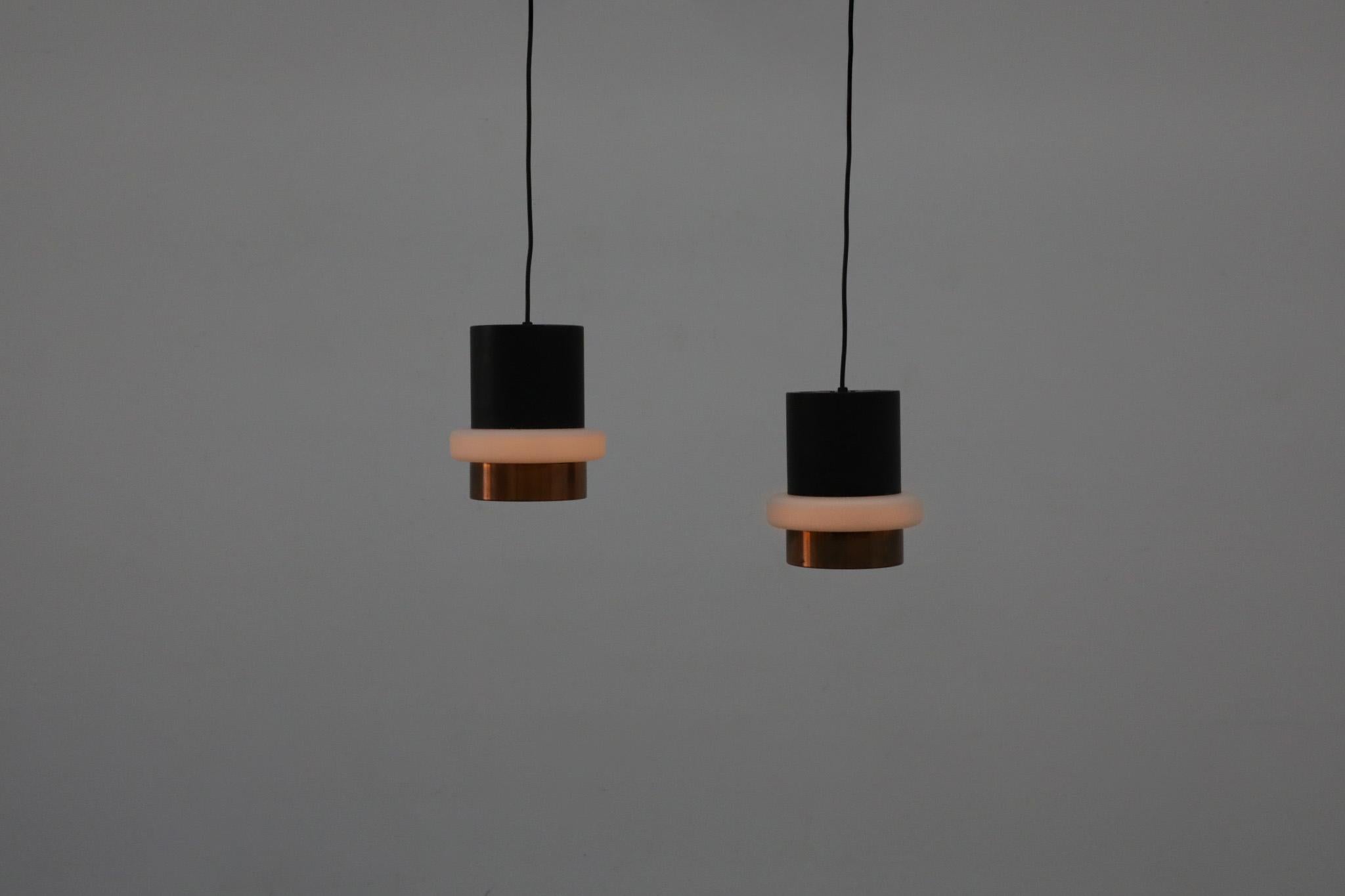 Mid-Century Modern Hiemstra Copper and Black Enameled Cylindrical Pendant with Milk Glass Ring For Sale