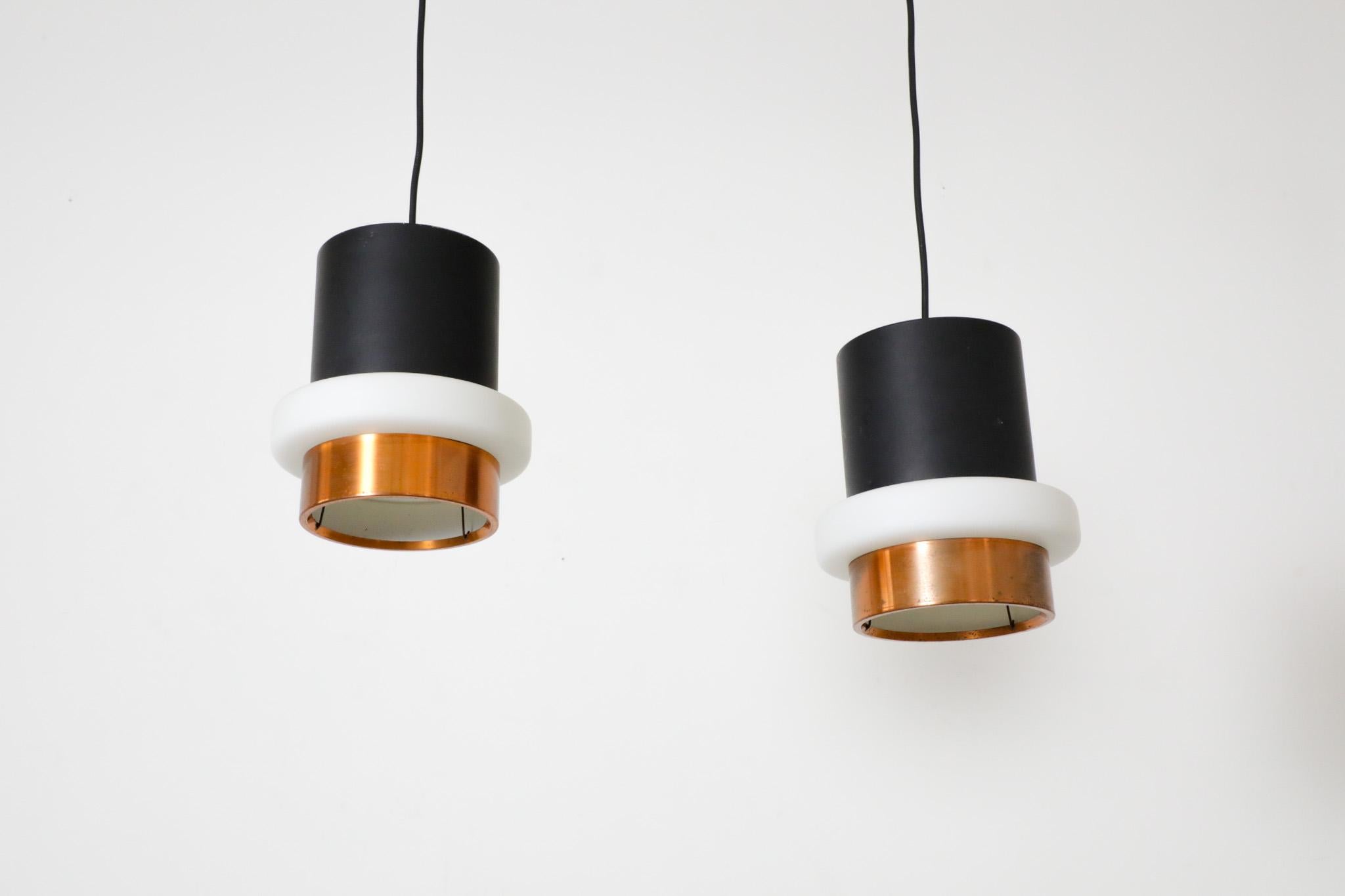 Hiemstra Copper and Black Enameled Cylindrical Pendant with Milk Glass Ring In Good Condition For Sale In Los Angeles, CA