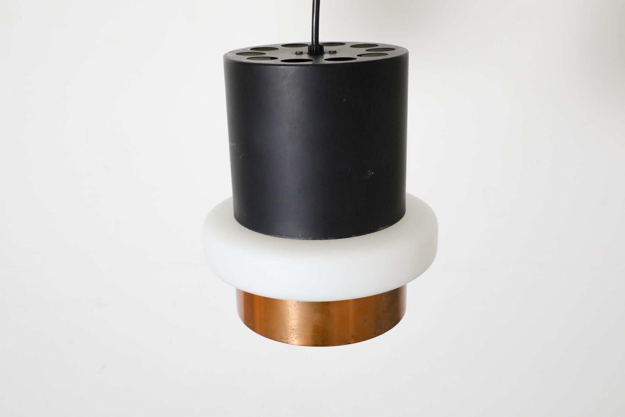 Metal Hiemstra Copper and Black Enameled Cylindrical Pendant with Milk Glass Ring For Sale