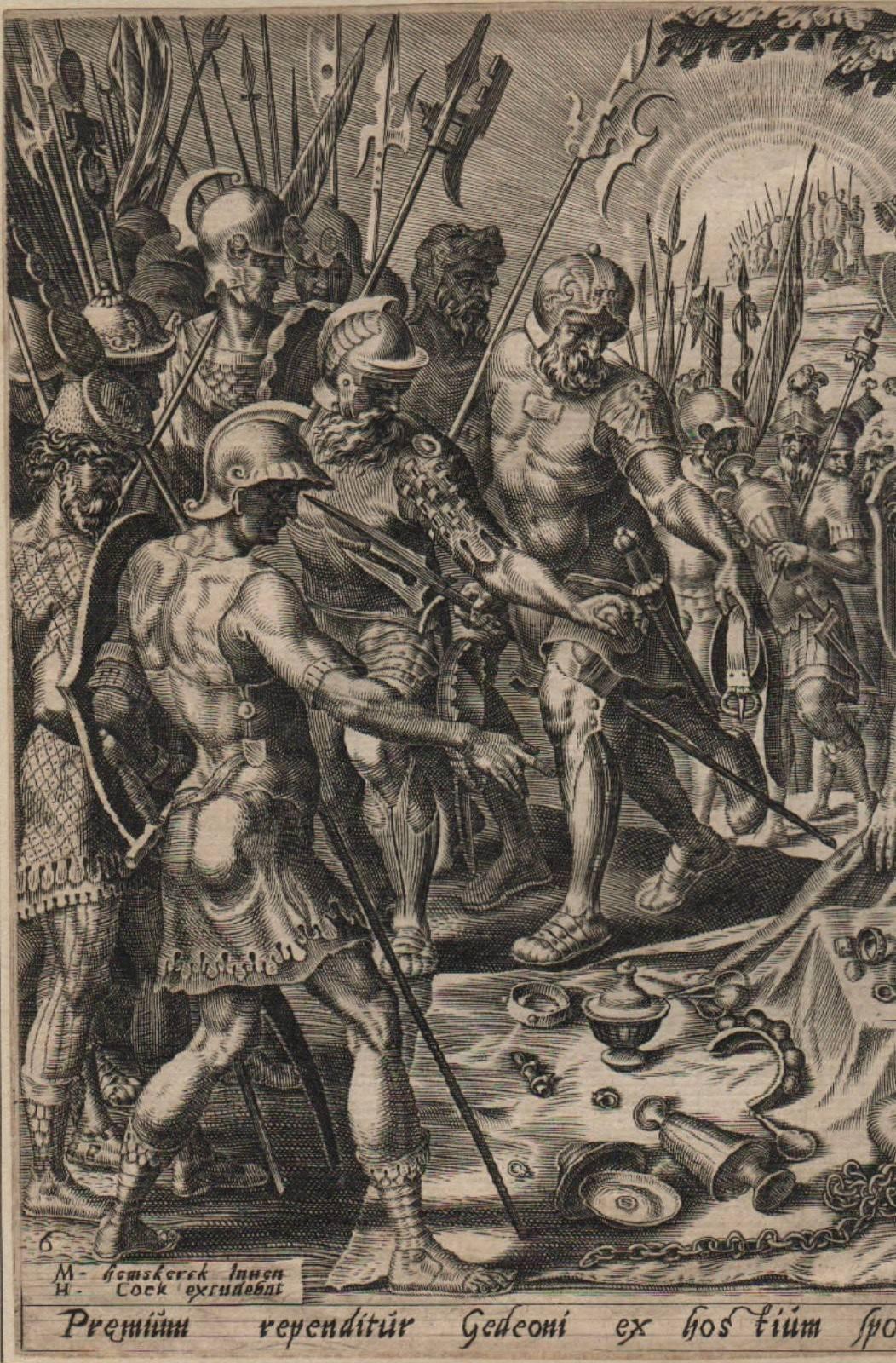 Gideon Receiving the Spoils - 1561 Old Master Engraving Religious - Print by Hieronymus Cock