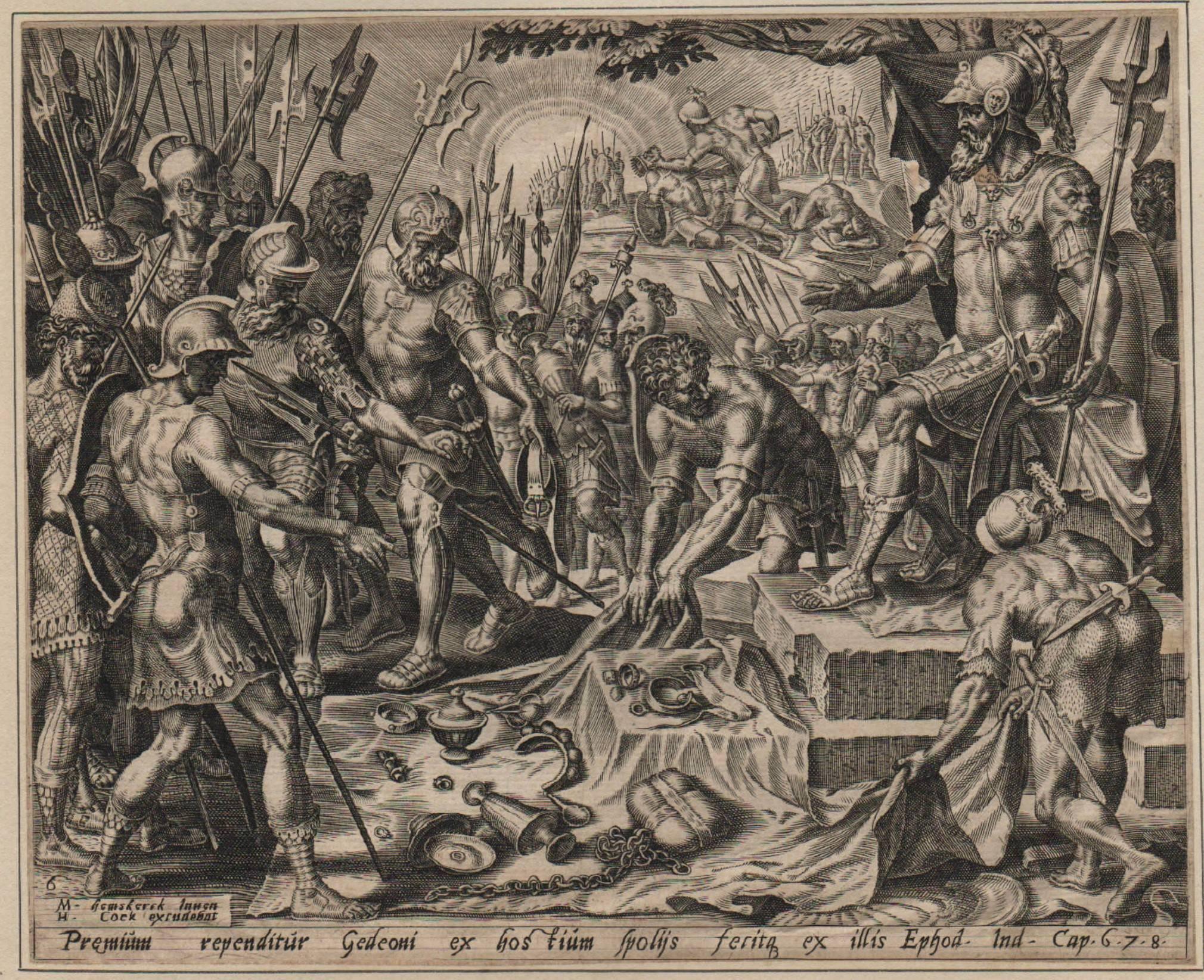 Hieronymus Cock Figurative Print - Gideon Receiving the Spoils - 1561 Old Master Engraving Religious