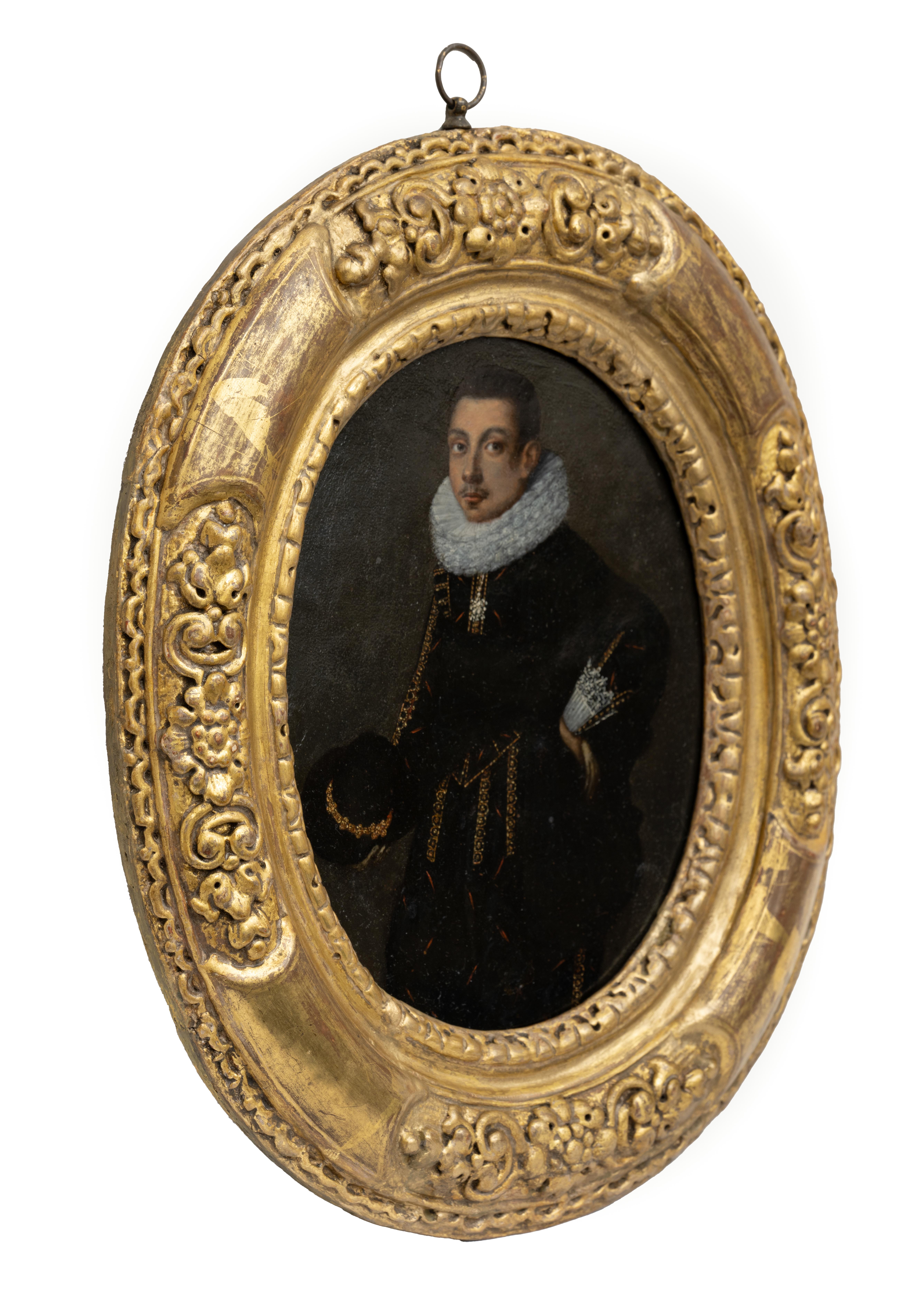 Portrait of a Gentleman in Doublet & Ruff c.1595; Elizabethan oil on copper - Painting by Hieronymus Custodis