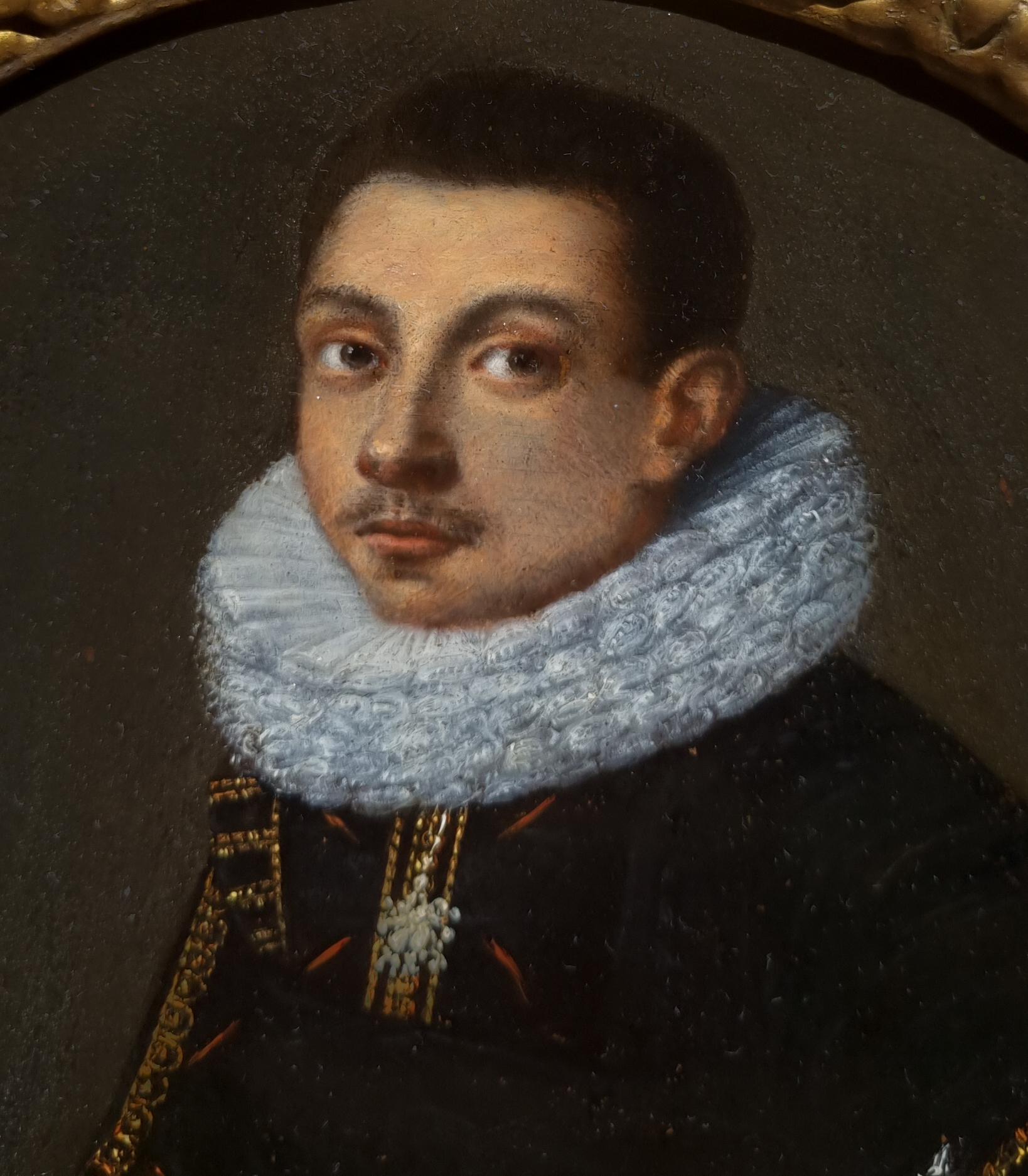 Portrait of a Gentleman in Doublet & Ruff c.1595; Elizabethan oil on copper - Brown Portrait Painting by Hieronymus Custodis