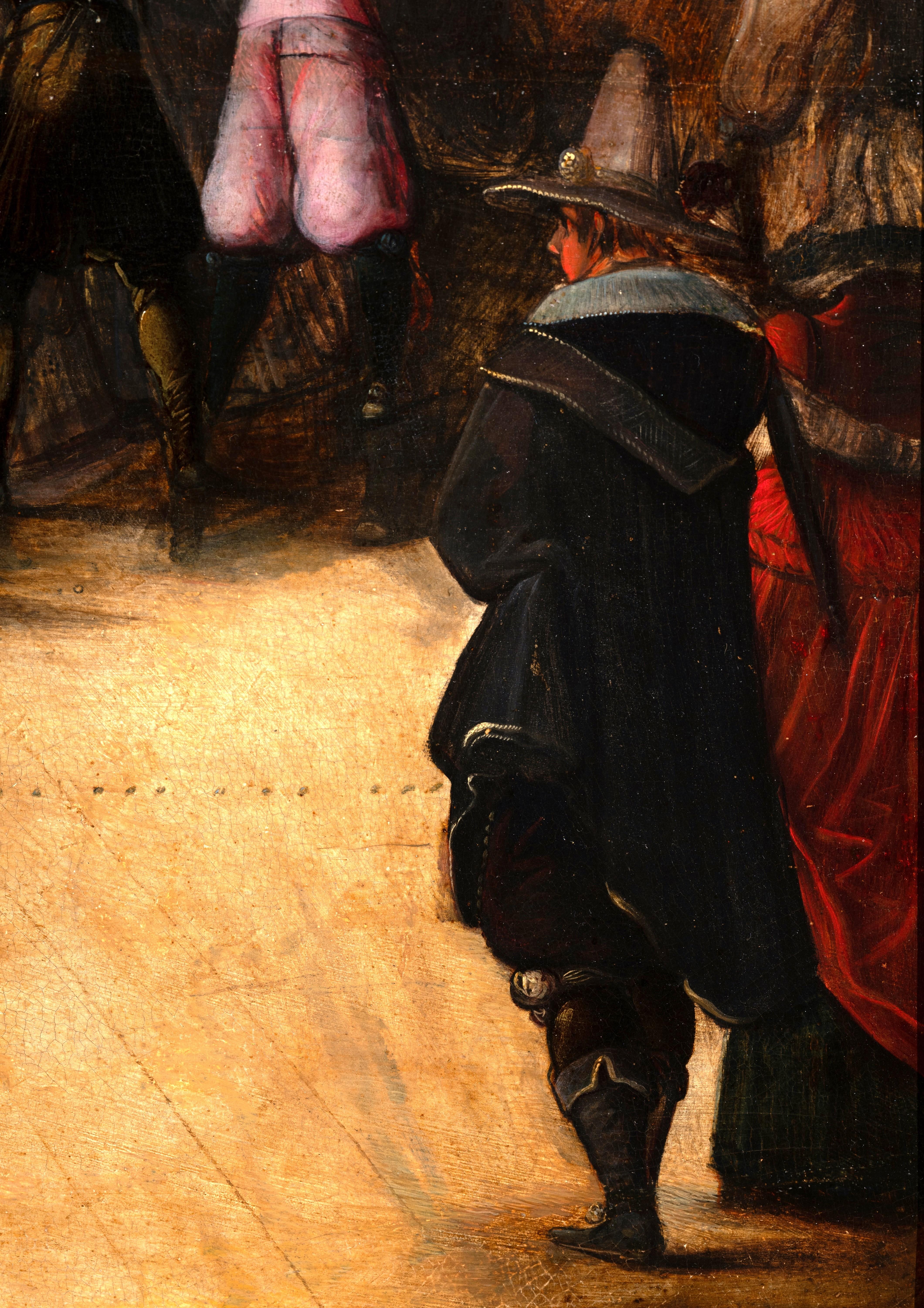 Der verlorene Sohn unter Kurtisanen
Zuschreibung an Hieronymus Francken II (Antwerpen 1578-1623)
Antwerpener Schule des frühen 17. Jahrhunderts

Öl auf Eichenholzplatte,
Abmessungen: H. 52,5 cm (20,67 Zoll), B. 74 cm (29,14 Zoll)
Rahmen aus Formholz