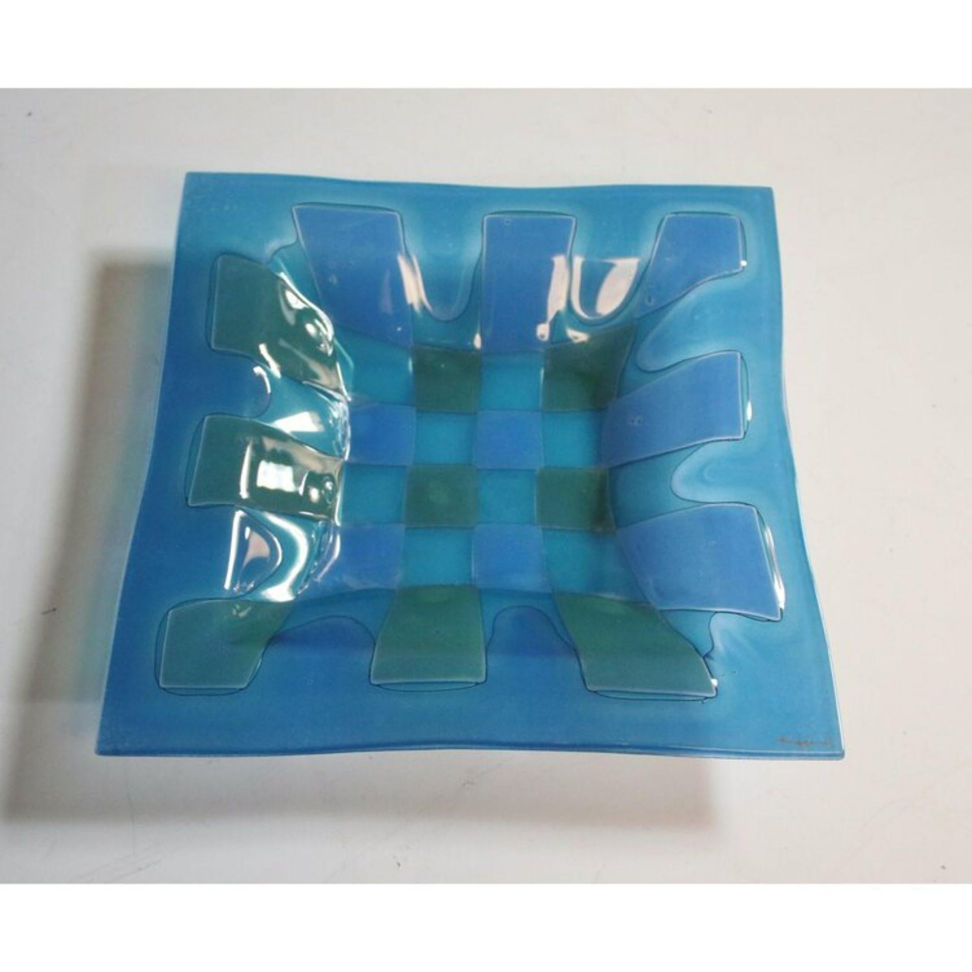 Mid-Century Modern Higgins Art Glass Tray in Aqua and Blue Patchwork
