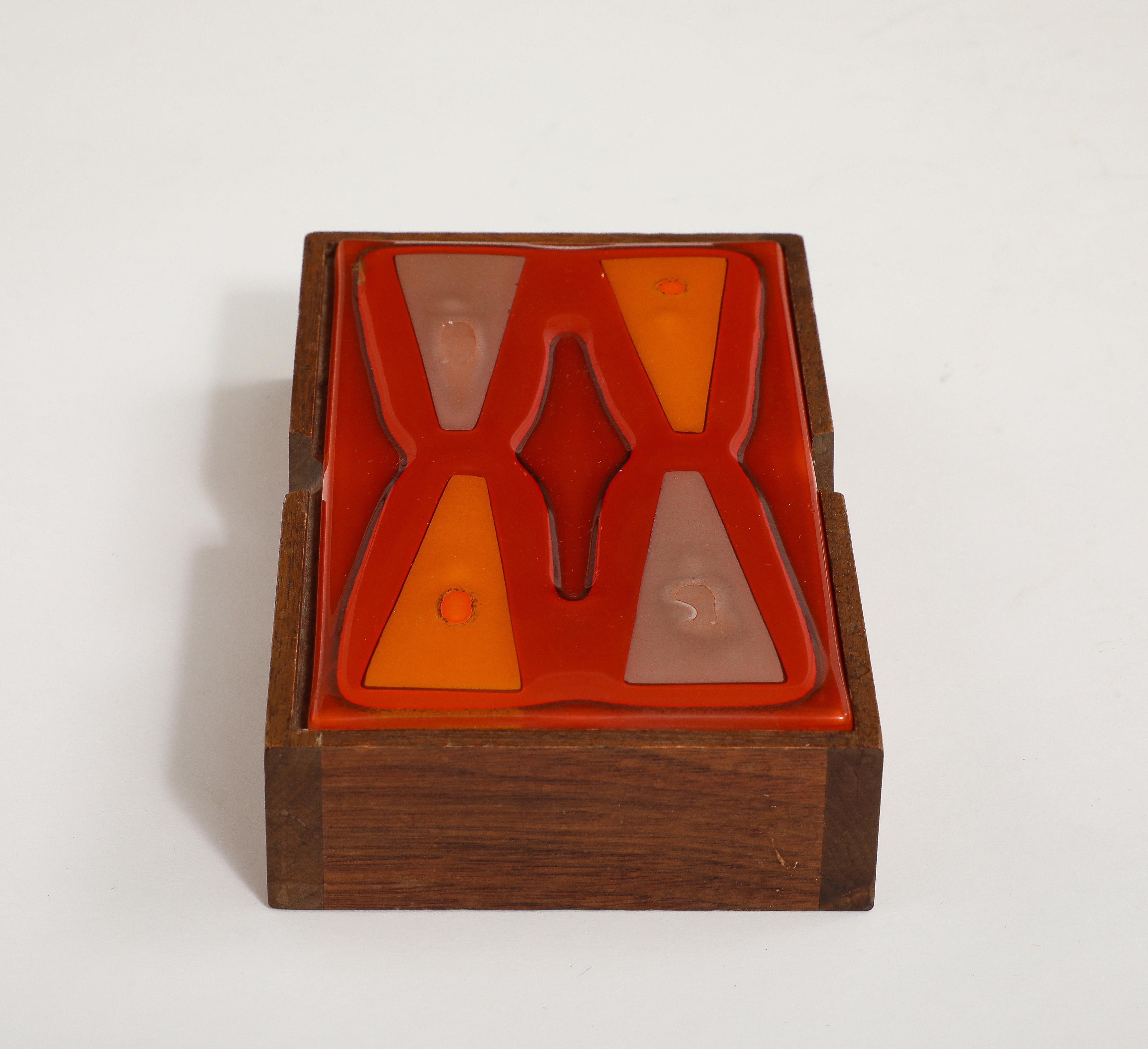 Decorative keepsake/cigarette wood box topped with a red orange Higgins Glass graphic lid. Great as a desk or bedside accessory. Signed