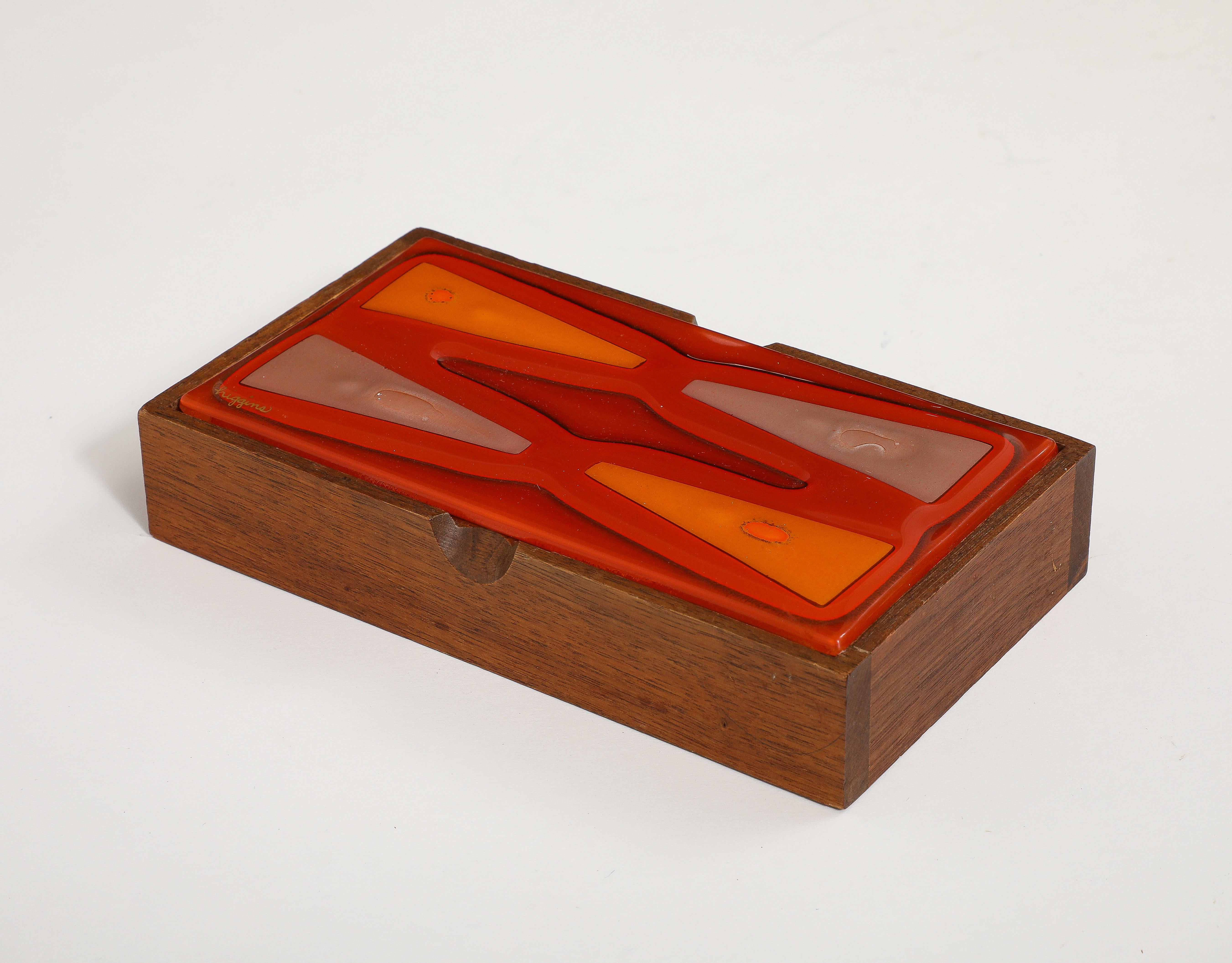 Mid-Century Modern Higgins Graphic Red, Orange Glass Box For Sale