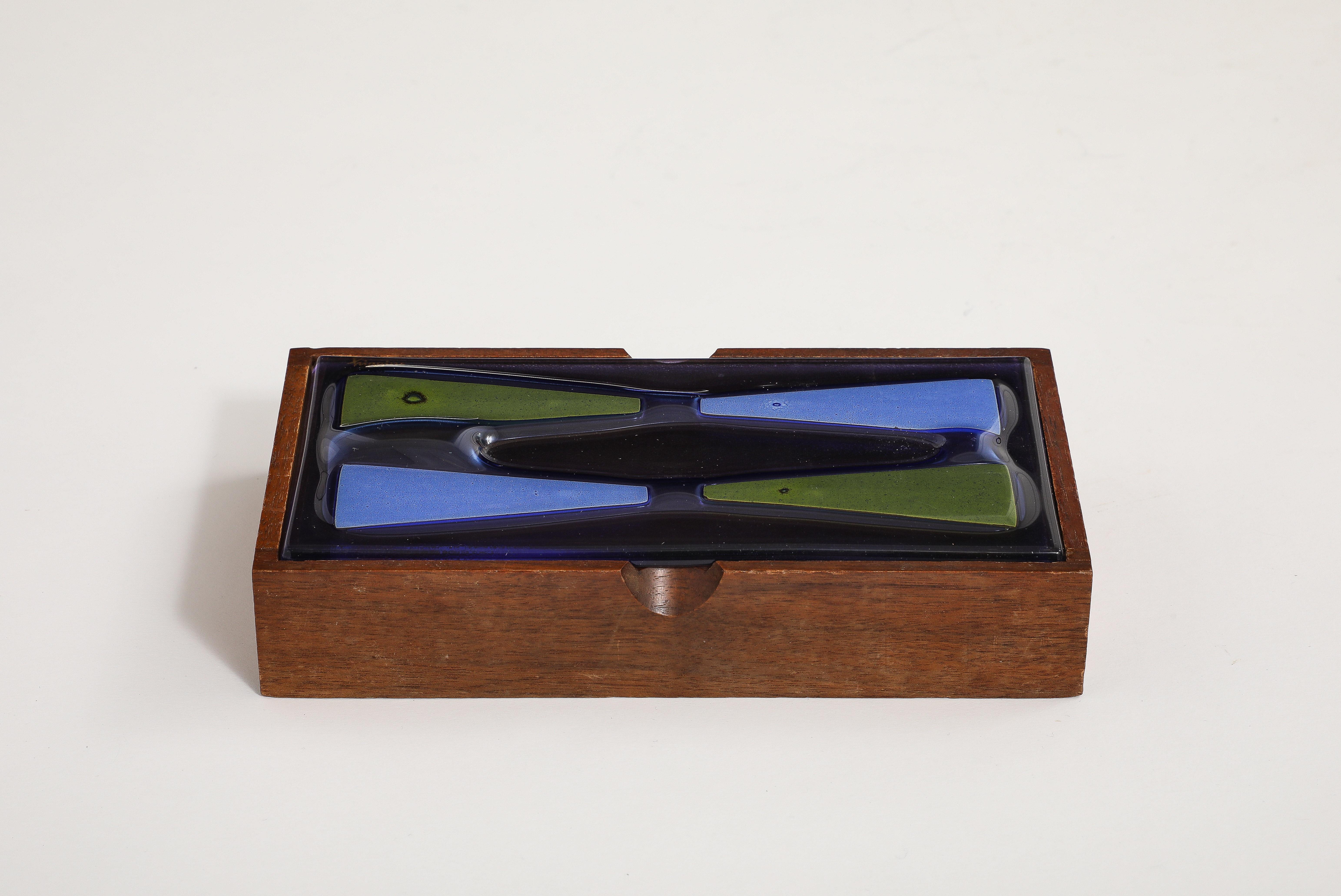 Modernist Violet/Green keepsake/desk box featuring a walnut case and Higgins Glass top. Signed