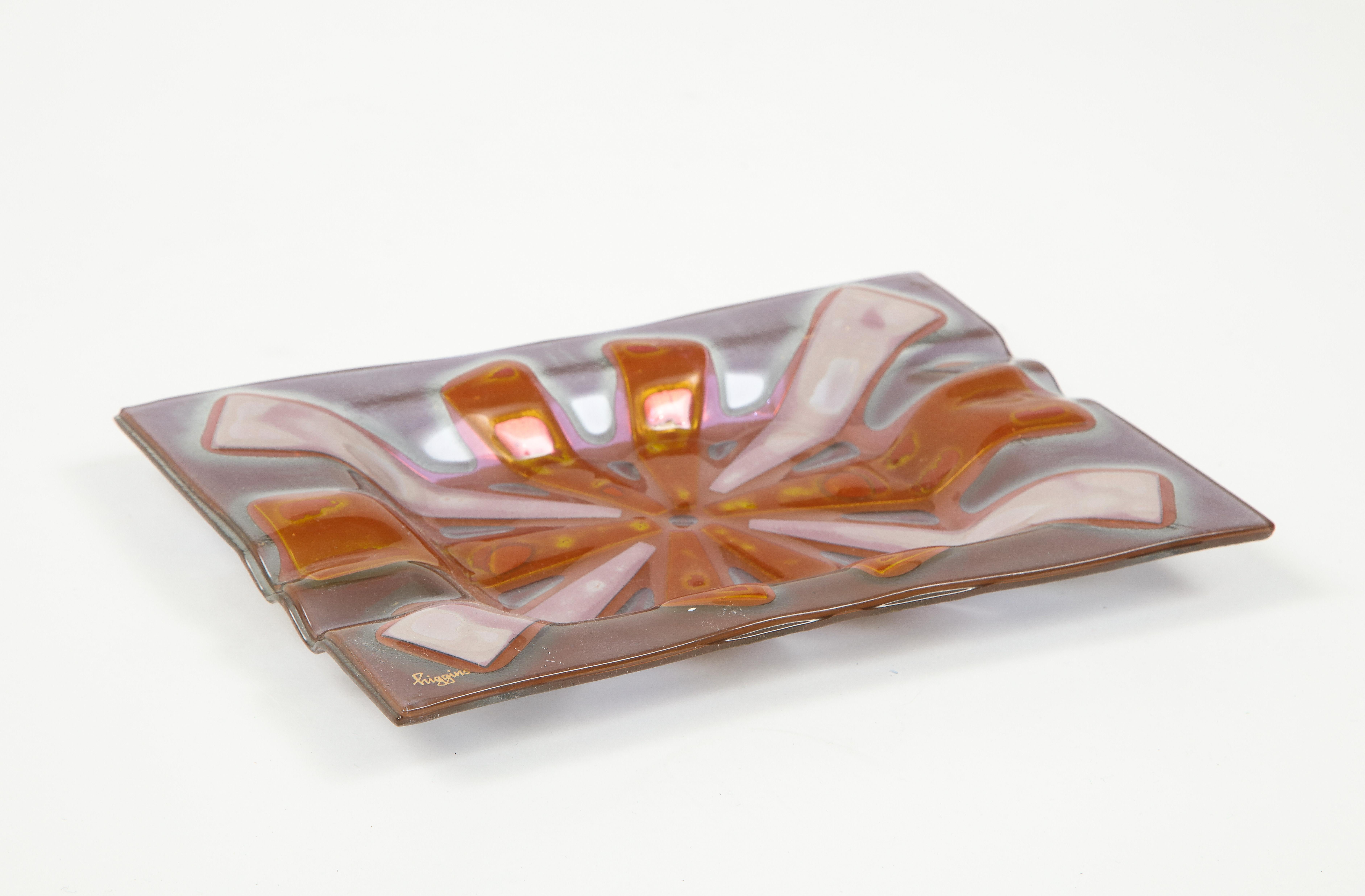 Mid-Century Modern Higgins Violet, Orange, White Fused Art Glass Vide Poche, Tray