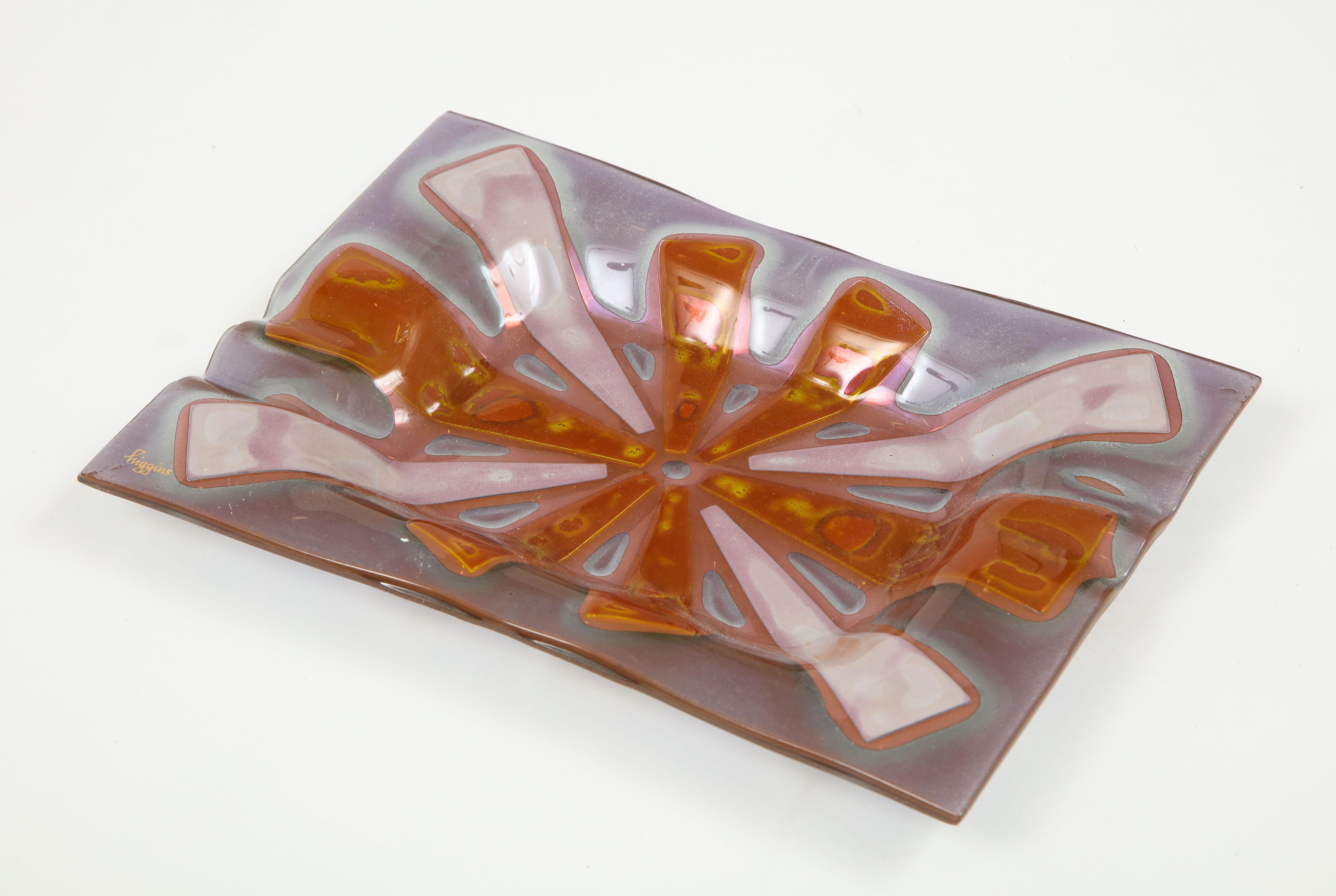 American Higgins Violet, Orange, White Fused Art Glass Vide Poche, Tray