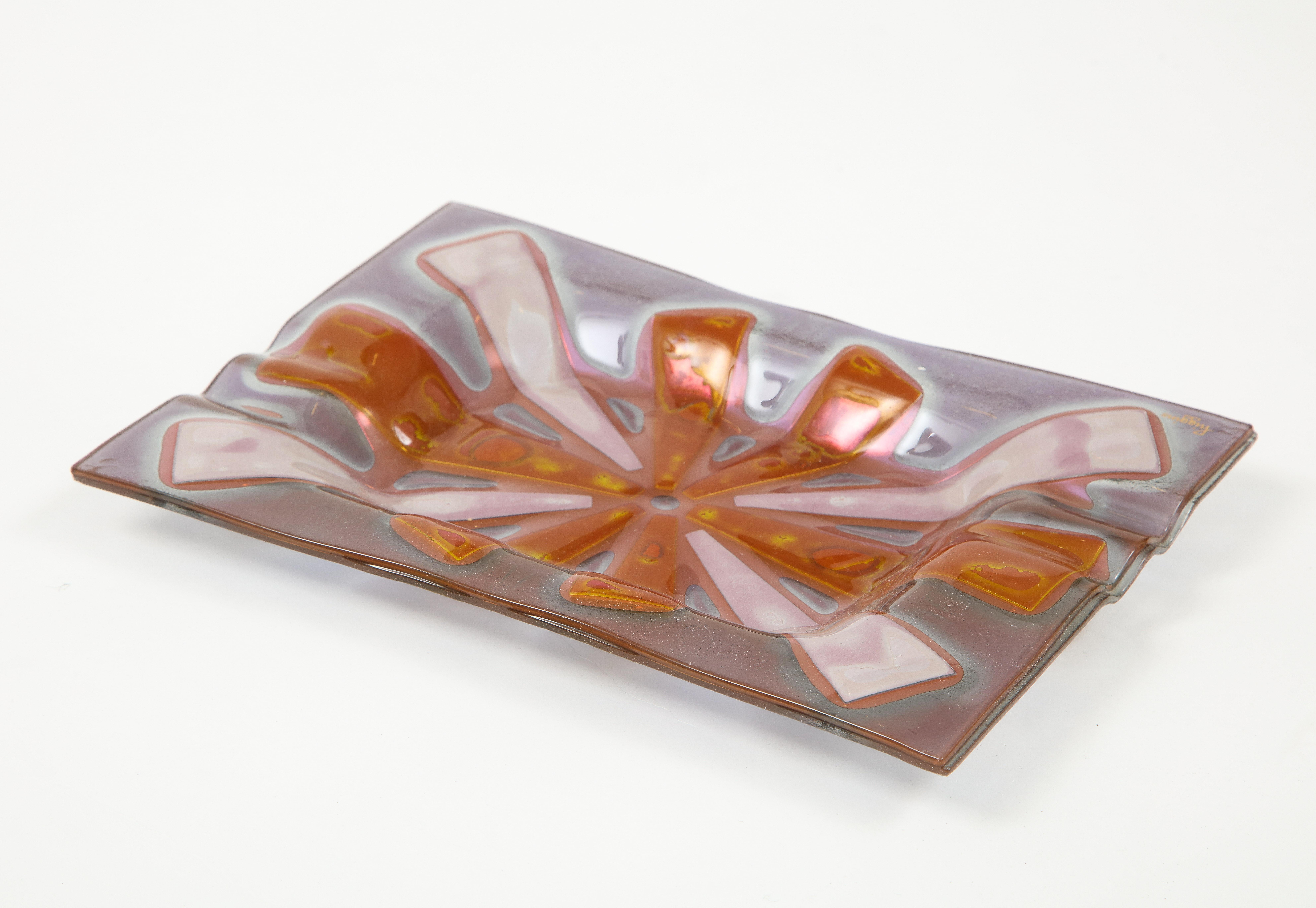 Higgins Violet, Orange, White Fused Art Glass Vide Poche, Tray In Excellent Condition In New York, NY