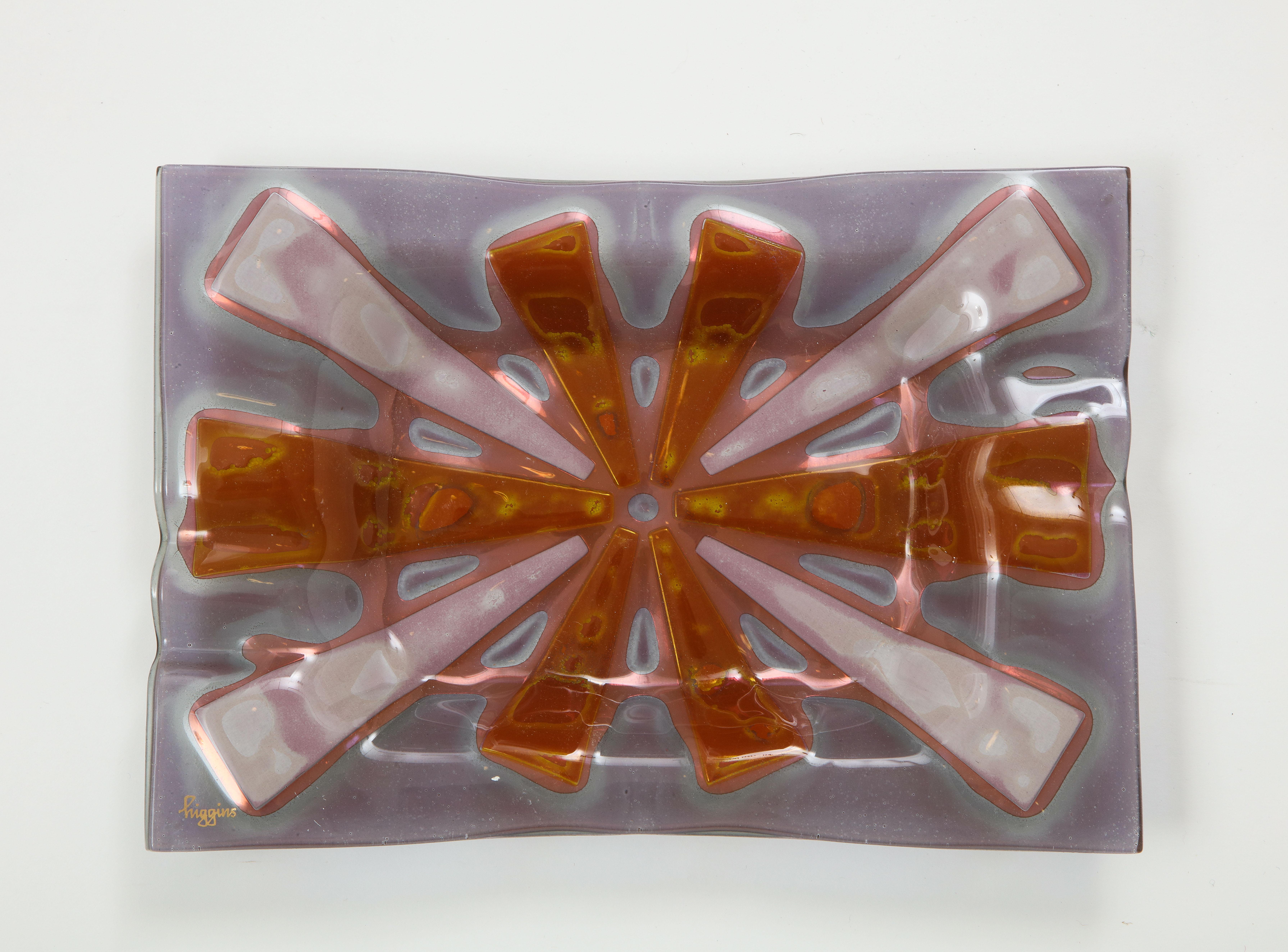 20th Century Higgins Violet, Orange, White Fused Art Glass Vide Poche, Tray