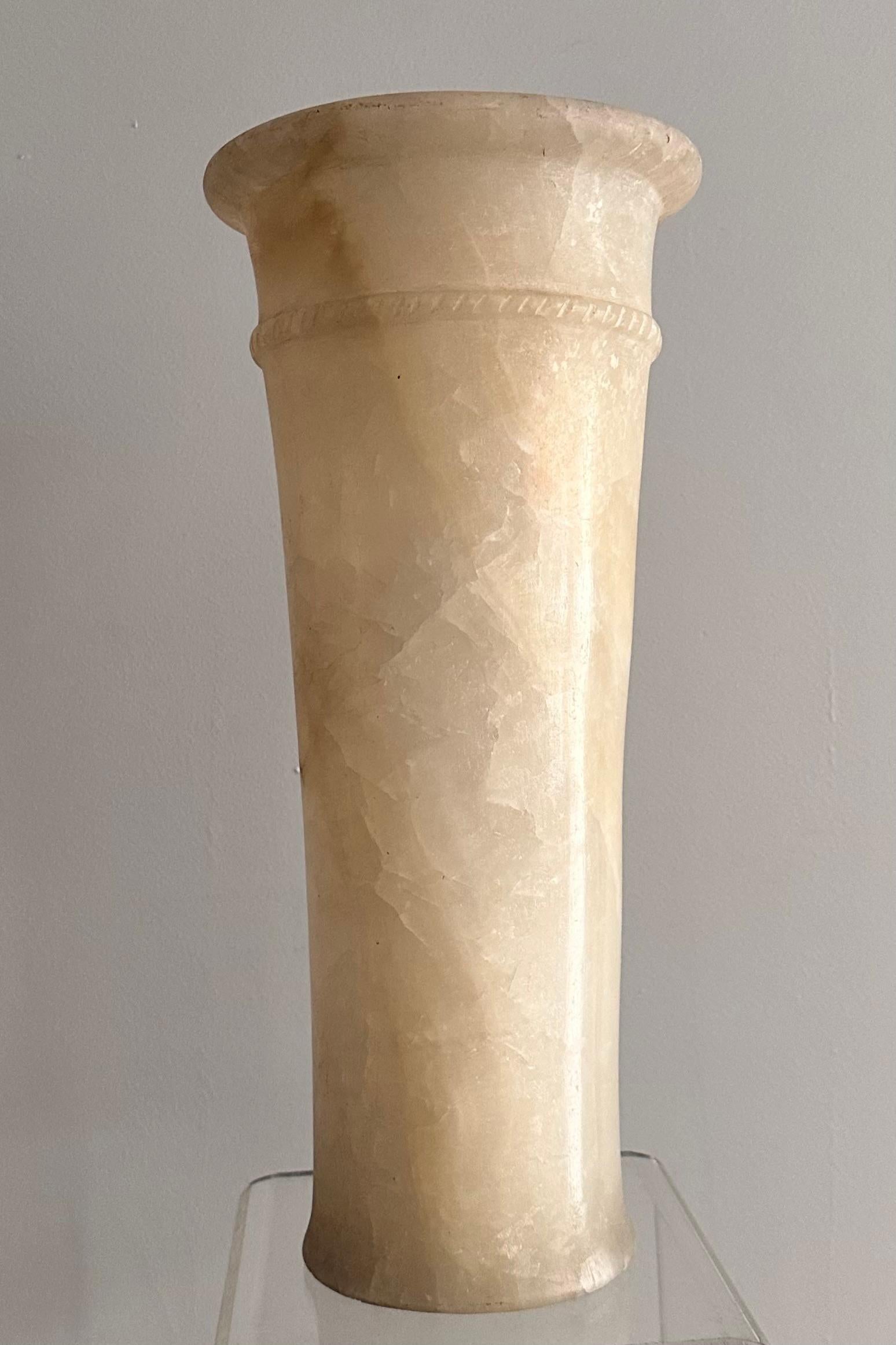 Carved High Alabaster Cylindrical Vase Egyptian Style, 20th century.
 For Sale