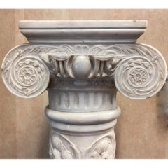 High and Low Relief White Marble Pedestal with Floral and Animal Details