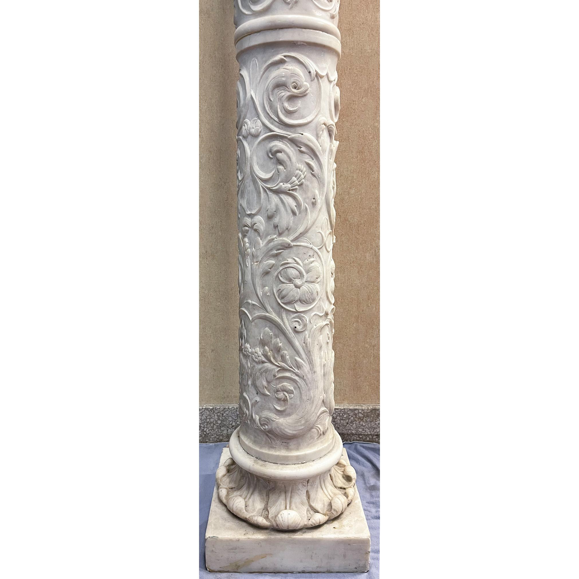 Italian High and Low Relief White Marble Pedestal with Floral and Animal Details For Sale