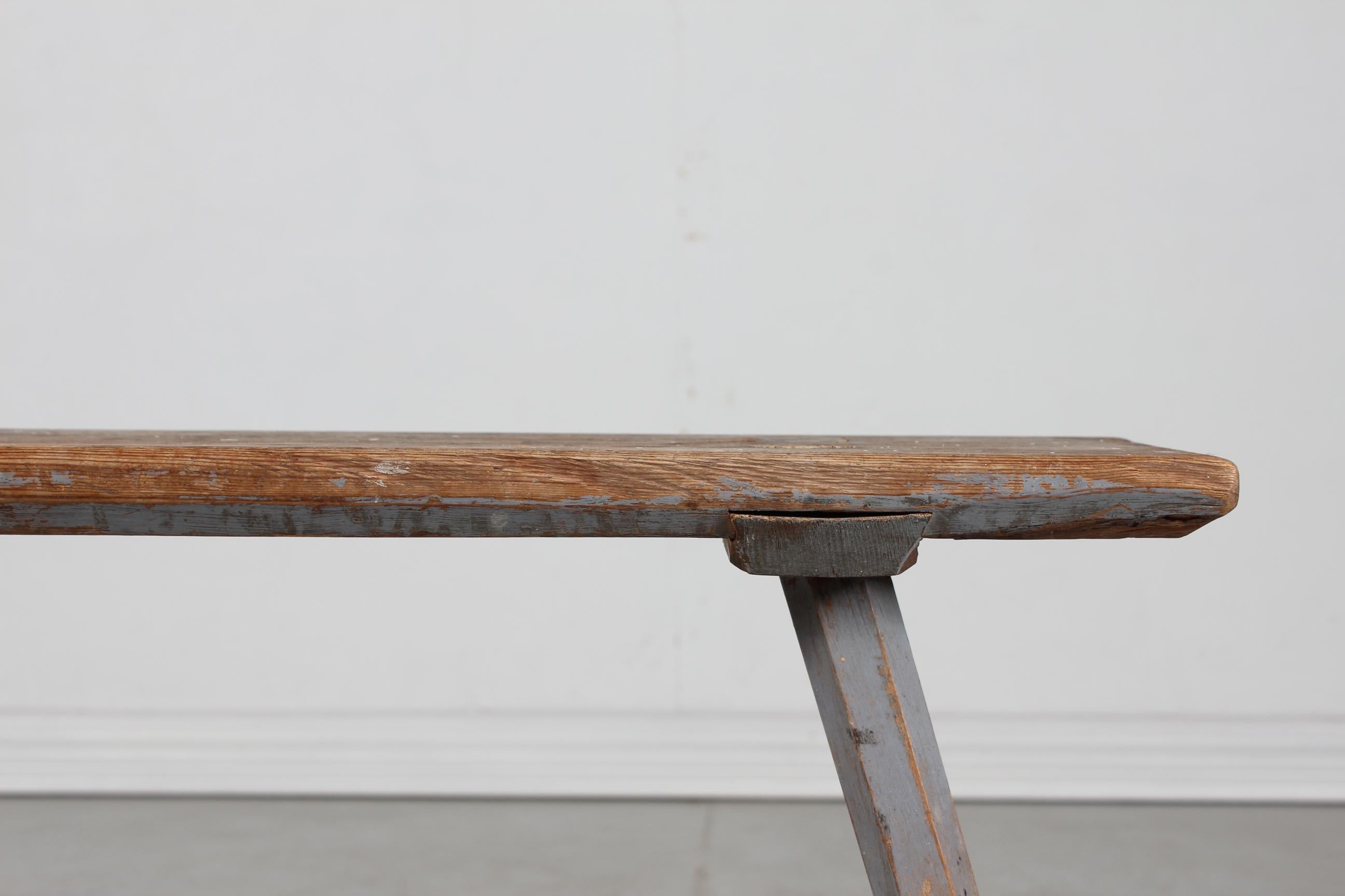 High Antique Swedish Bench of Solid Pine Partly with Grey Paint Mid 19th Century For Sale 5