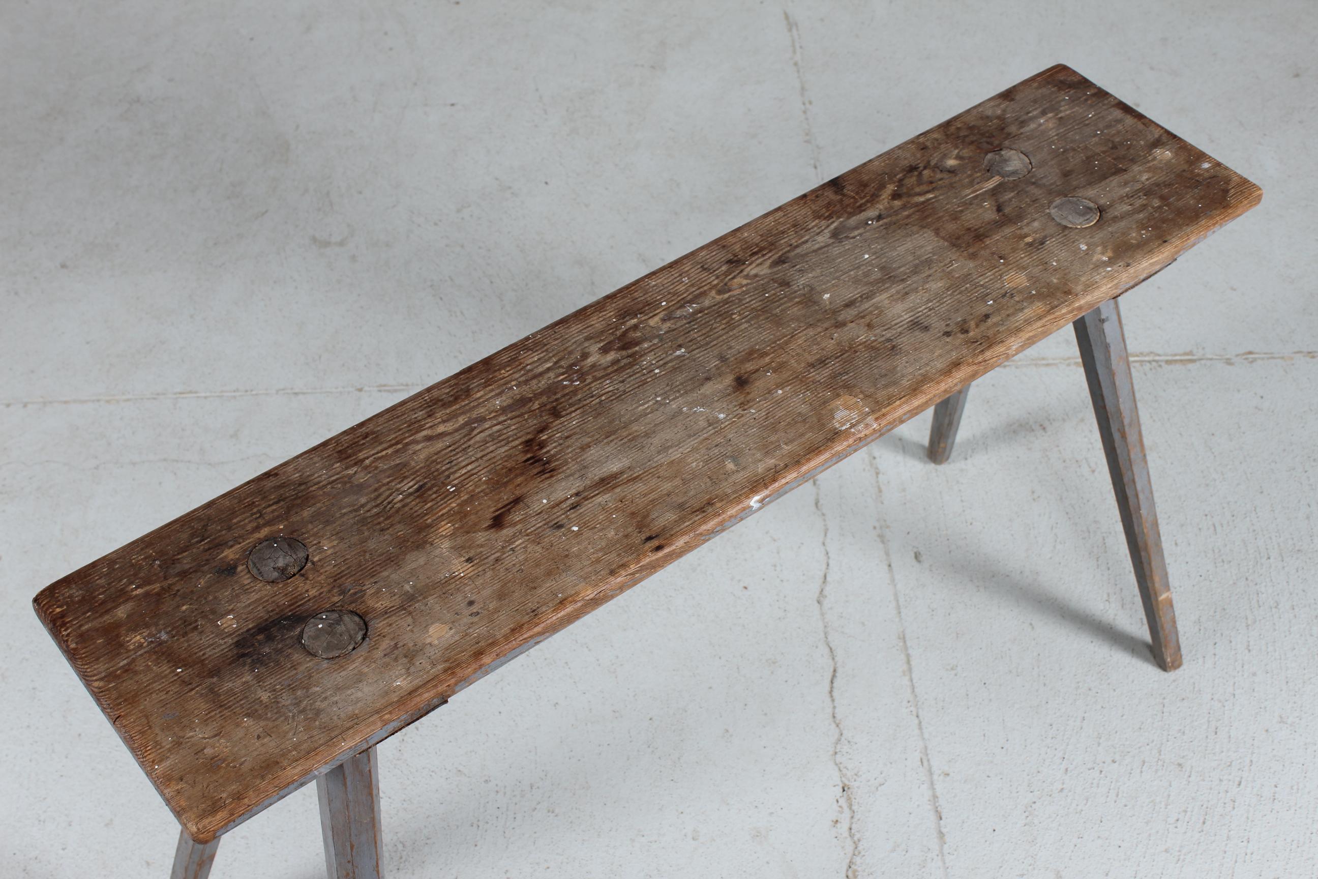 High Antique Swedish Bench of Solid Pine Partly with Grey Paint Mid 19th Century For Sale 6