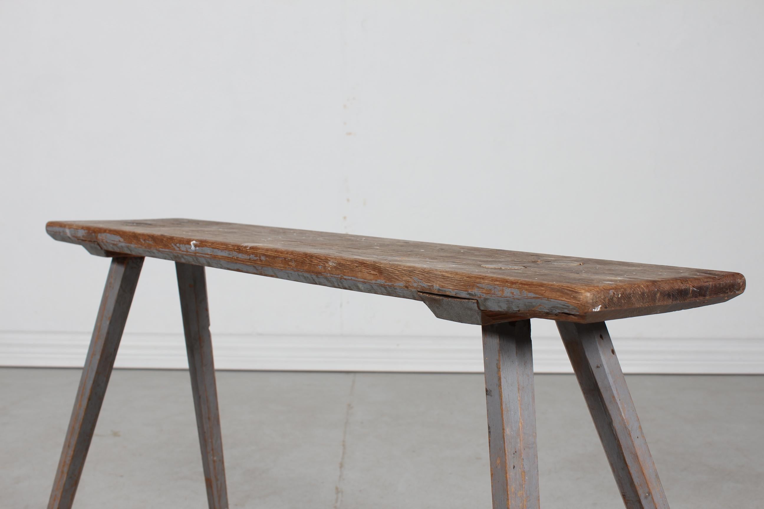 High Antique Swedish Bench of Solid Pine Partly with Grey Paint Mid 19th Century In Good Condition For Sale In Aarhus C, DK