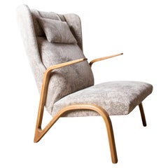 Sillón alto de haya curvada y tela reciente, modelo Konkav, Paul Bode Federholz