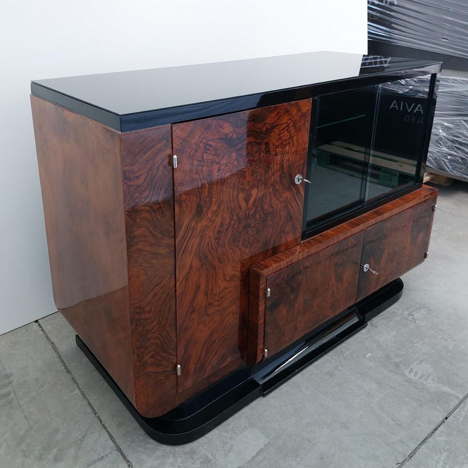 Wood High Art Deco Sideboard, Dry Bar, Cabinet, Walnut Veneer, France, circa 1930 For Sale