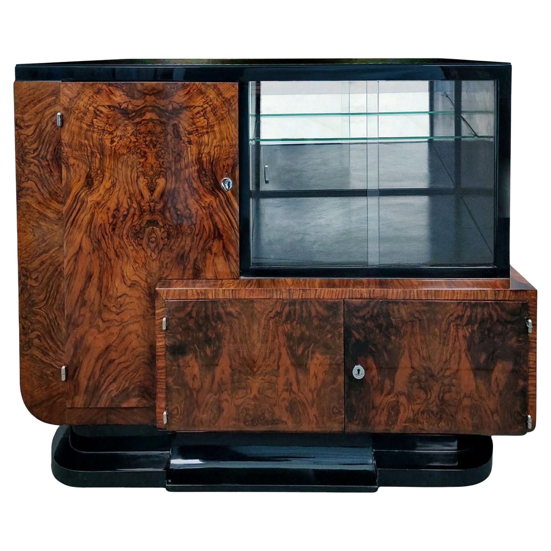 Hohes Art-Déco-Sideboard, Barelemente, Schrank, Nussbaumfurnier, Frankreich um 1930