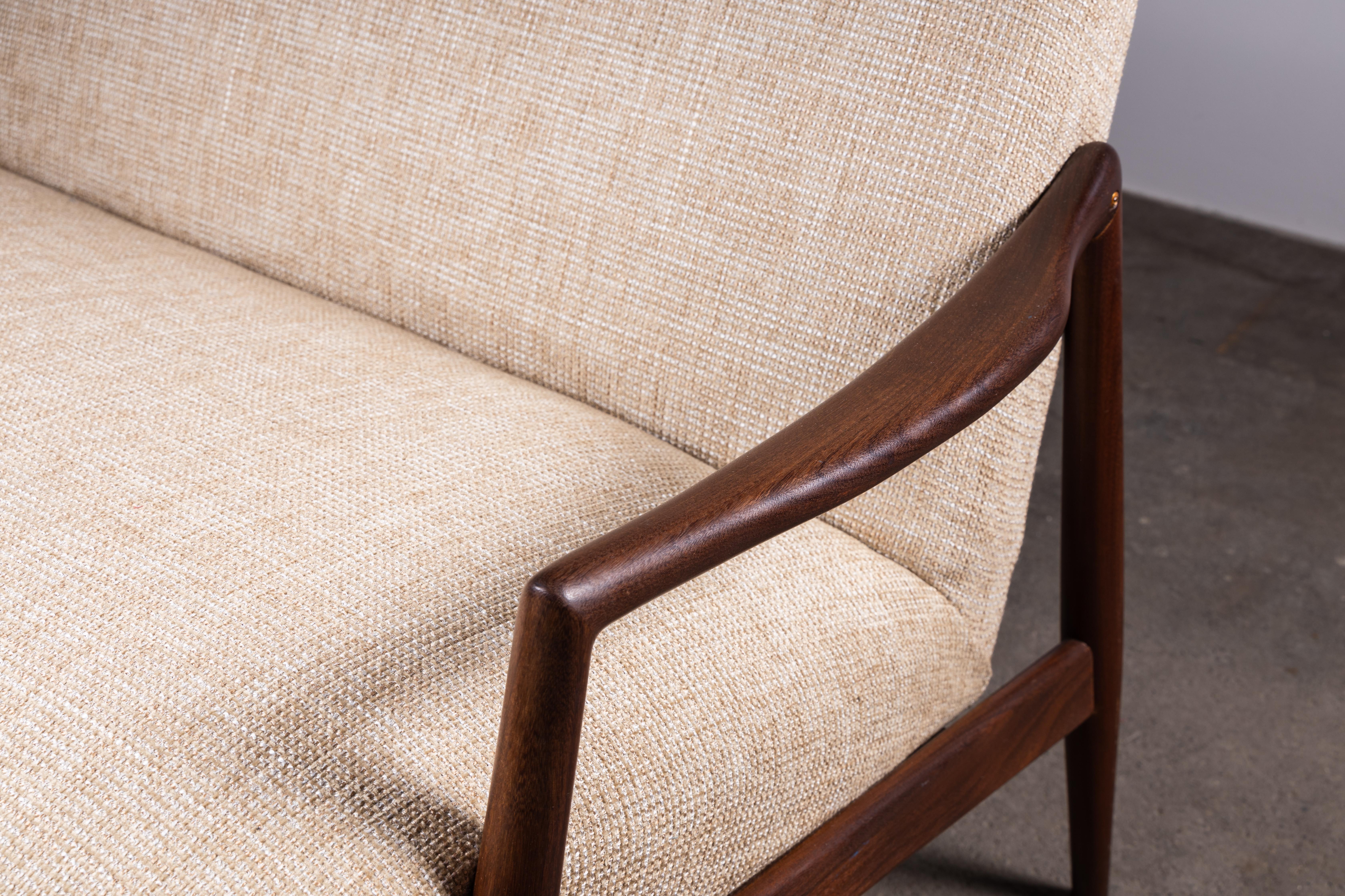 Fabric High-Back 1950s Teak Armchair by Lohmeyer upholstered à la Coco Chanel