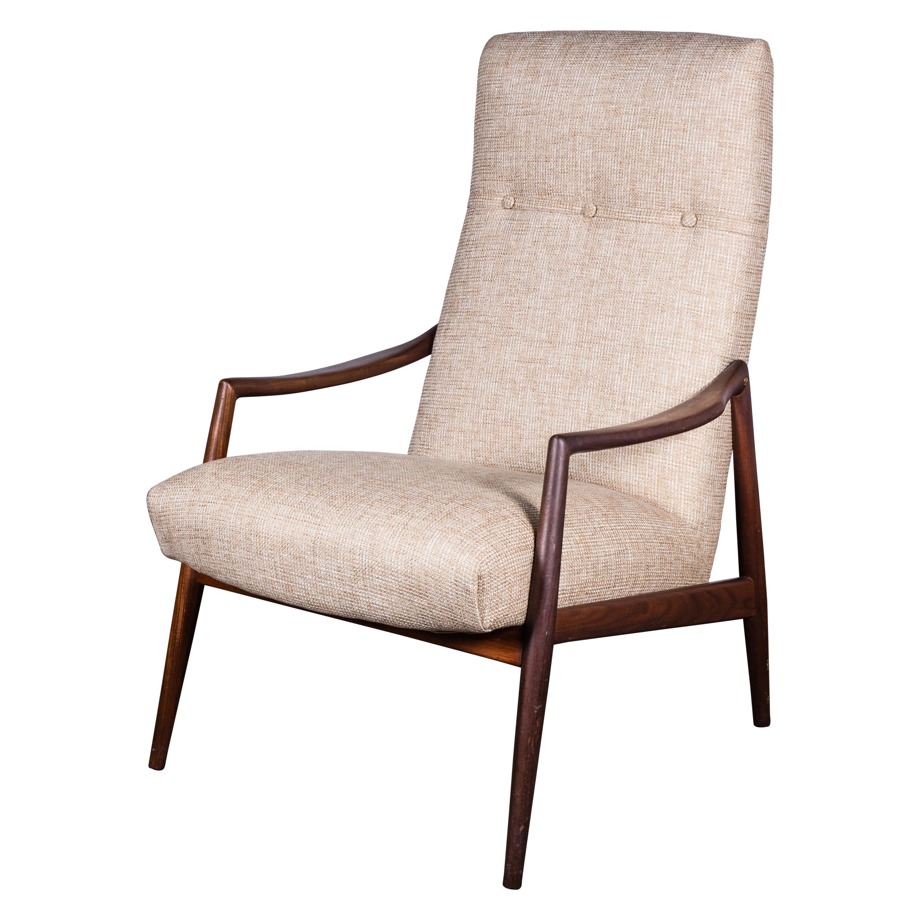 High-Back 1950s Teak Armchair by Lohmeyer upholstered à la Coco Chanel