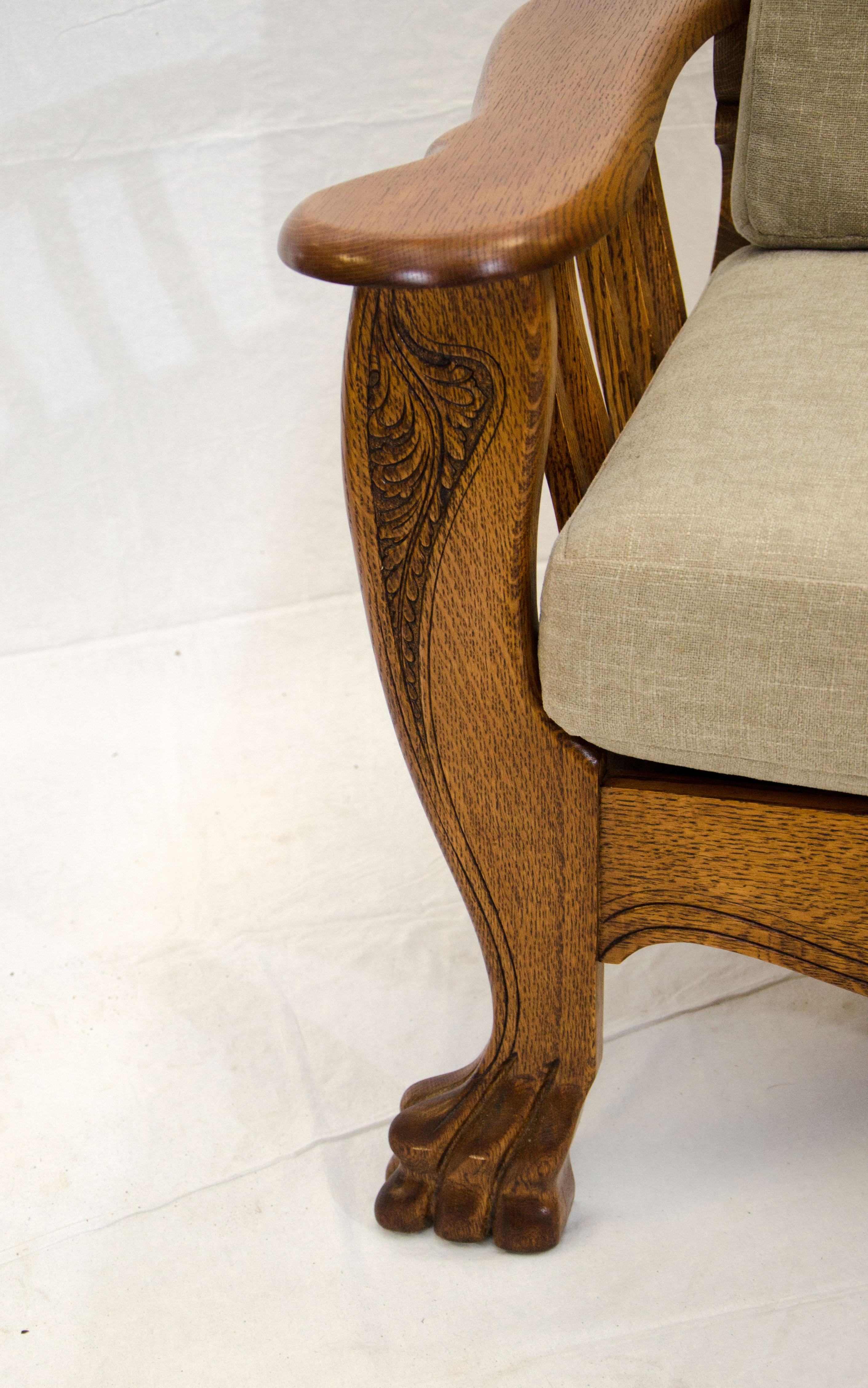 High Back Antique Oak Morris Reclining Chair, Claw Feet 1