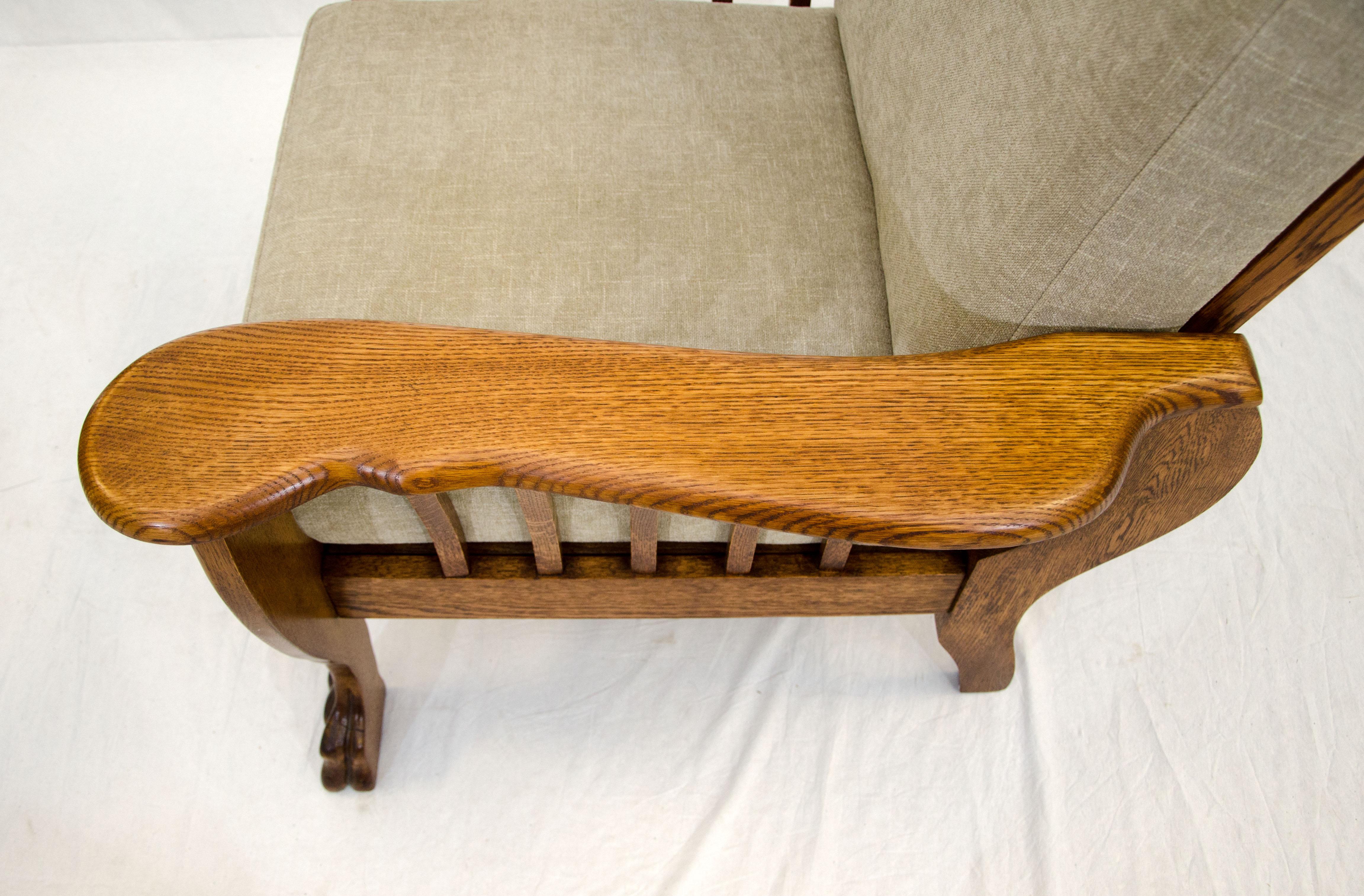 High Back Antique Oak Morris Reclining Chair, Claw Feet 5