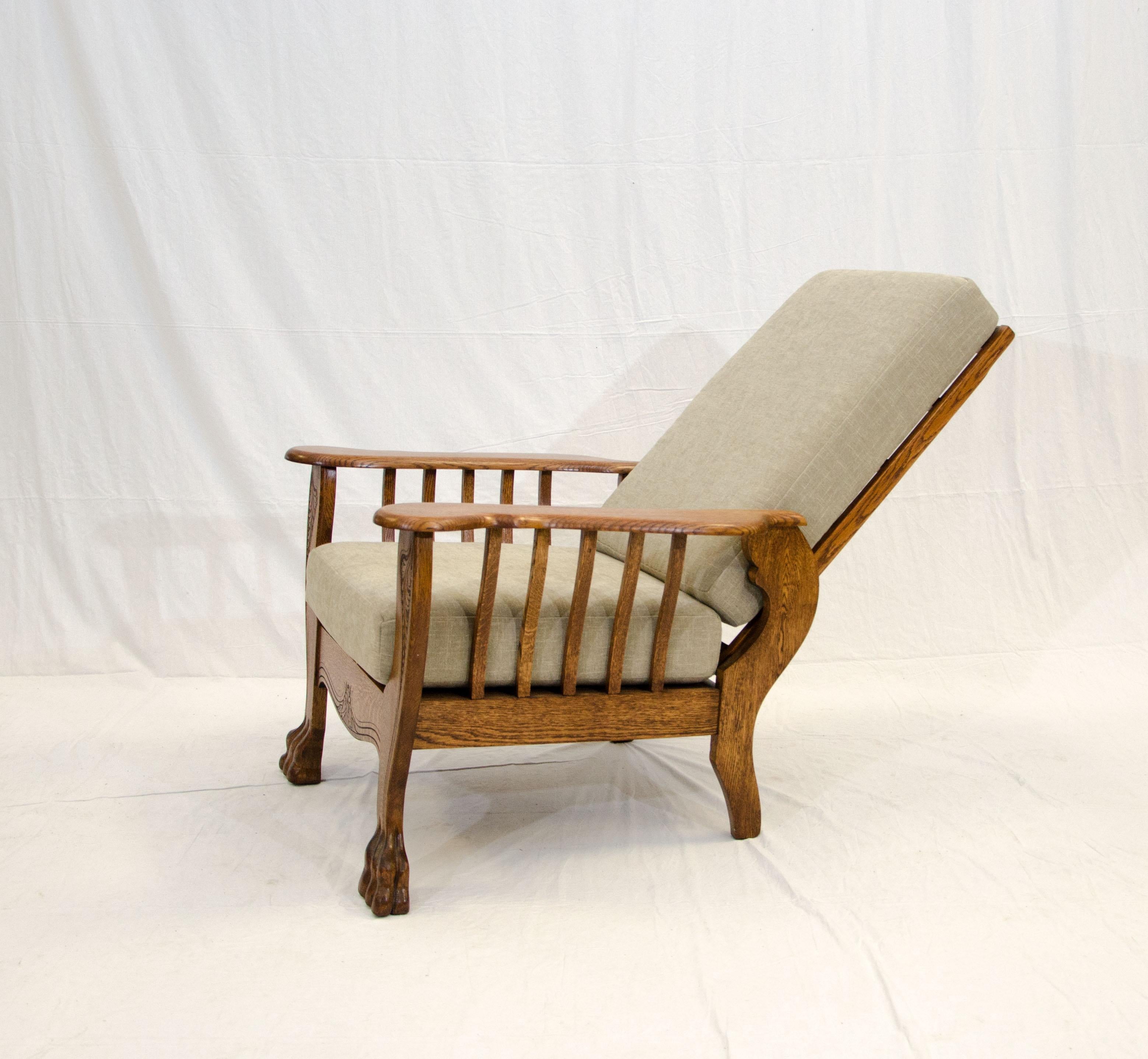 Victorian High Back Antique Oak Morris Reclining Chair, Claw Feet