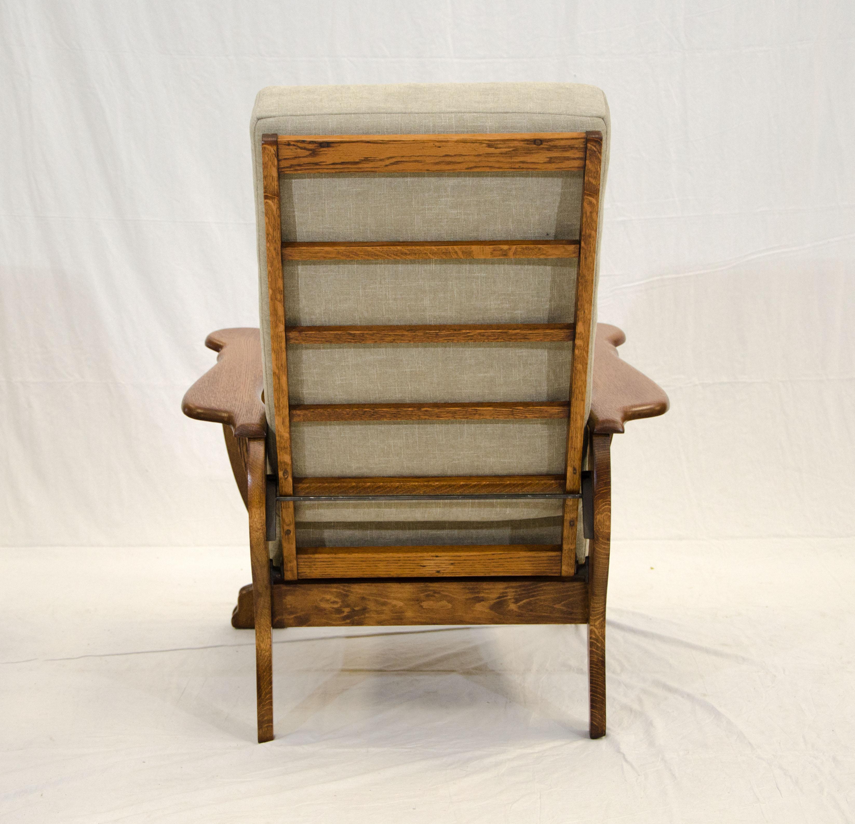 American High Back Antique Oak Morris Reclining Chair, Claw Feet
