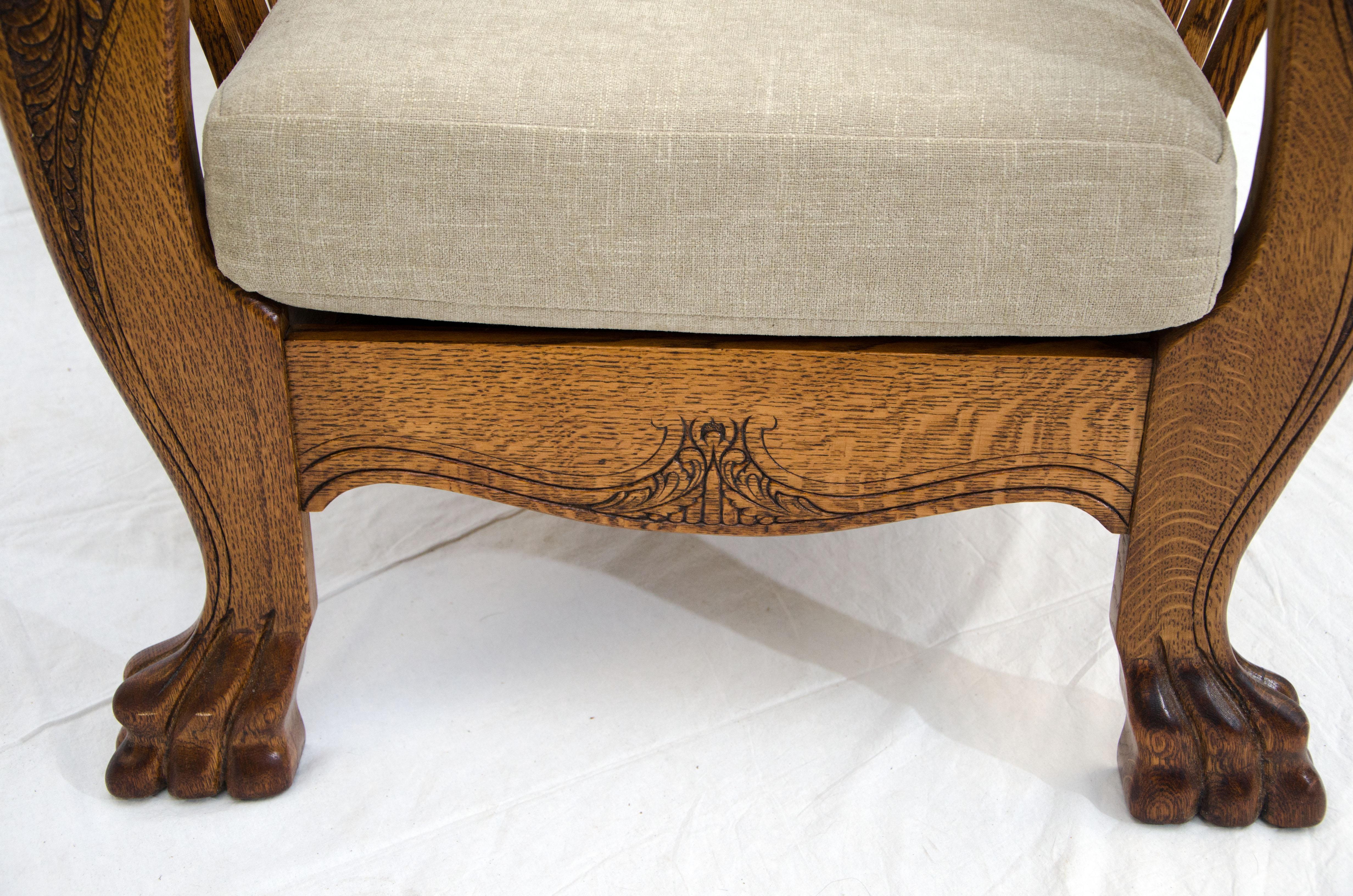 20th Century High Back Antique Oak Morris Reclining Chair, Claw Feet