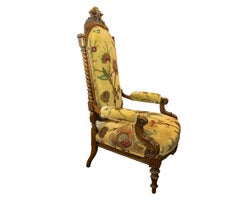 High Back Antique Wooden Carved Upholstered Arm Chair