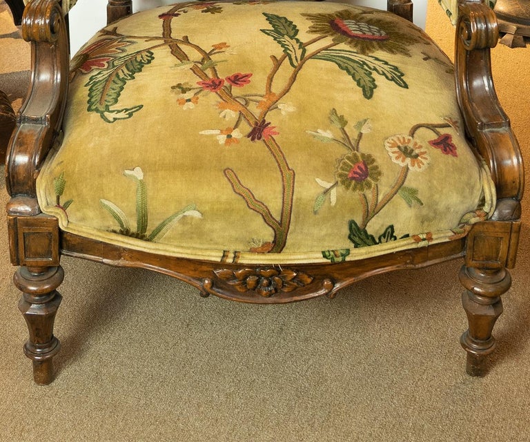 High Back Antique Wooden Carved Upholstered Arm Chair For Sale at 1stDibs
